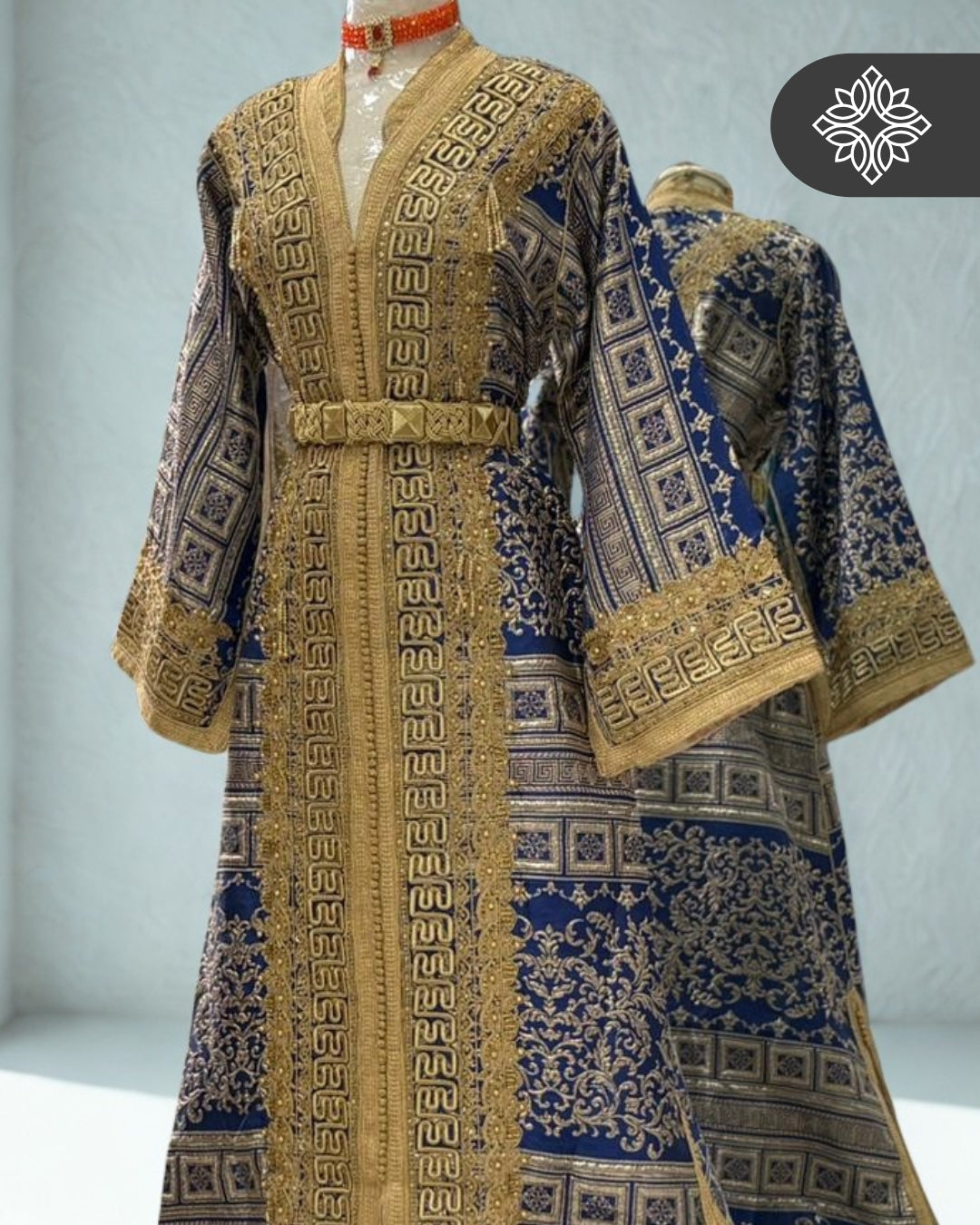 VIP Royal Blue Moroccan Kaftan | Luxury One-Piece Brocade Kaftan | Golden Hand Embroidery