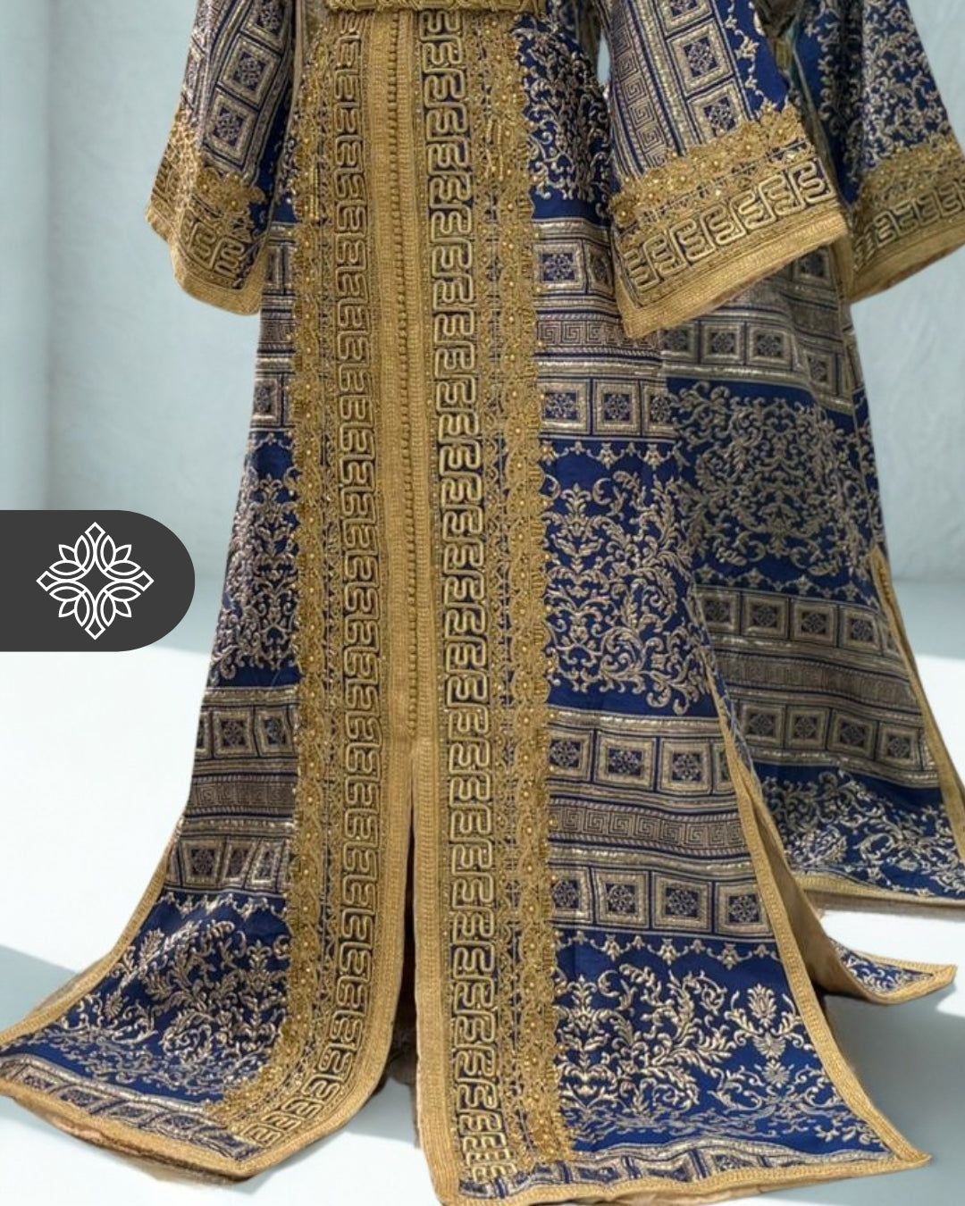 VIP Royal Blue Moroccan Kaftan | Luxury One-Piece Brocade Kaftan | Golden Hand Embroidery