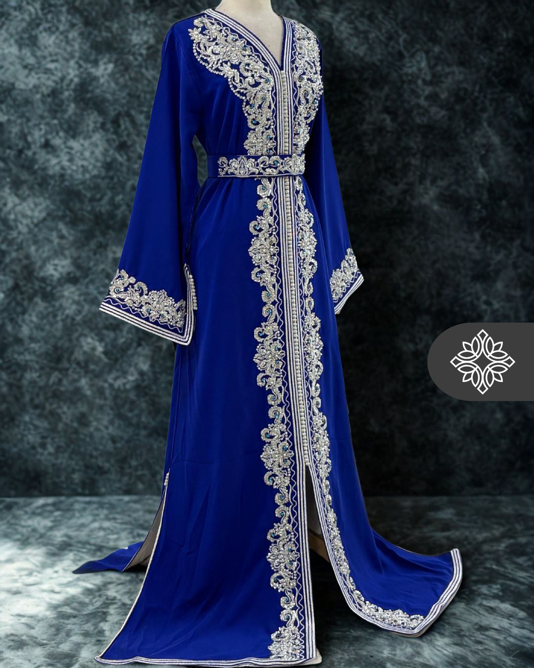 Baby Blue One-Piece Kaftan | Luxury Silver Embroidery & Beads | Moroccan Caftan Dress