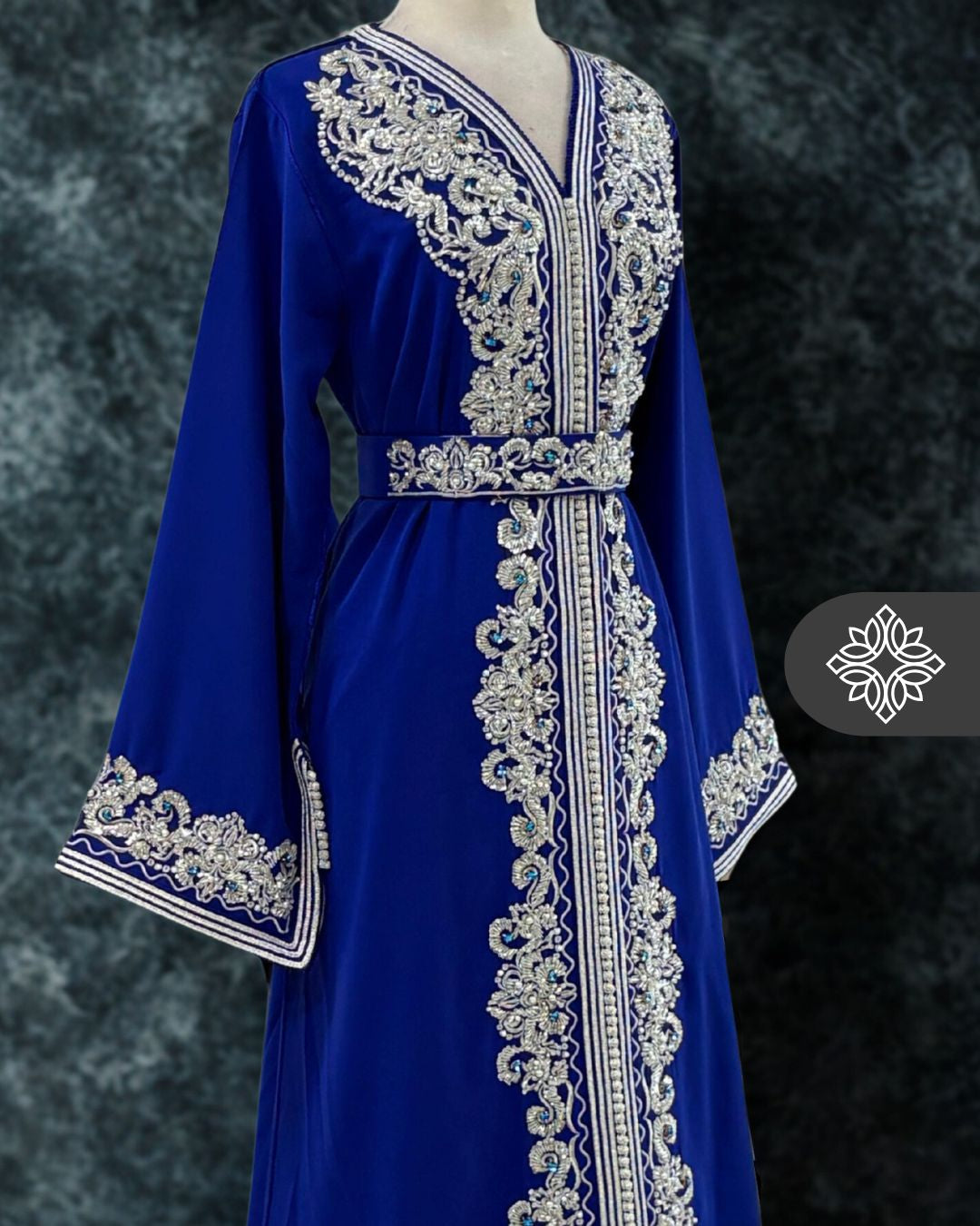 Royal Emerald Green One-Piece Kaftan | Silver Embroidery & Beads | Moroccan Caftan