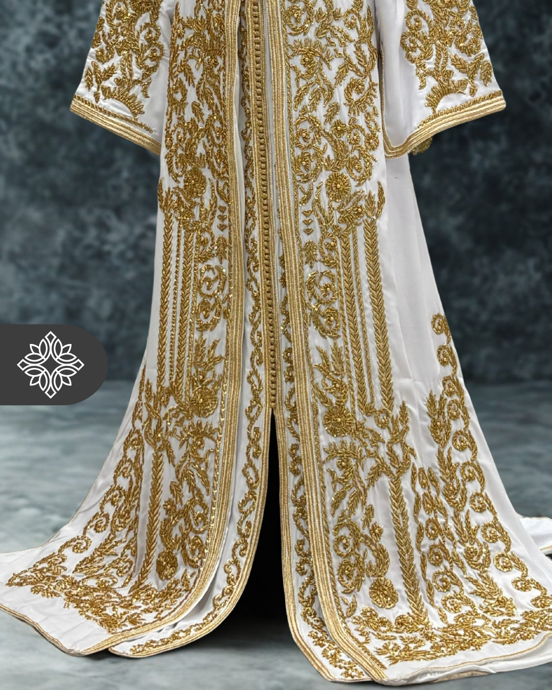 Royal Bridal White Moroccan Takchita | Luxury Two-Piece Kaftan | Golden Hand Embroidery