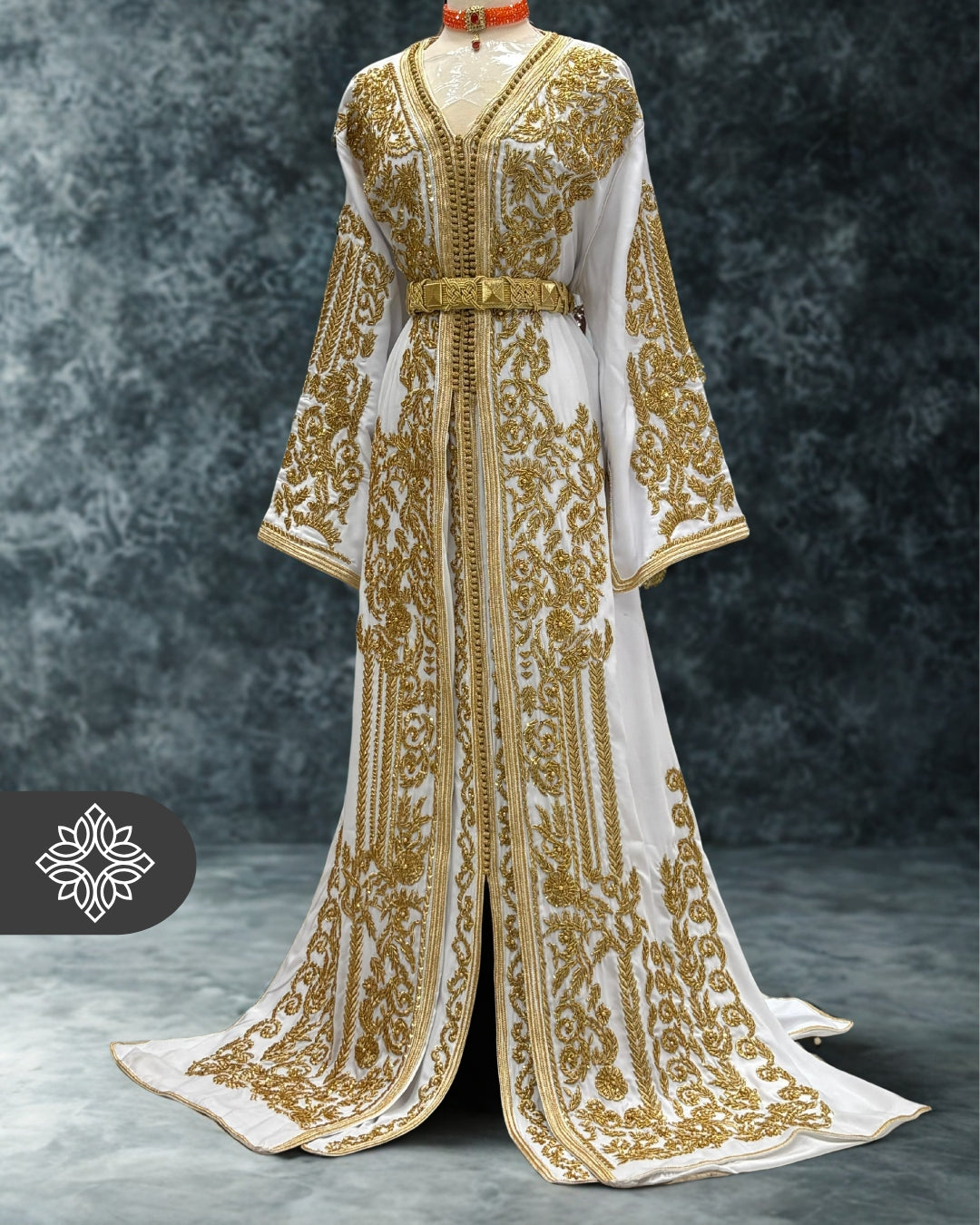 Royal Bridal White Moroccan Takchita | Luxury Two-Piece Kaftan | Golden Hand Embroidery