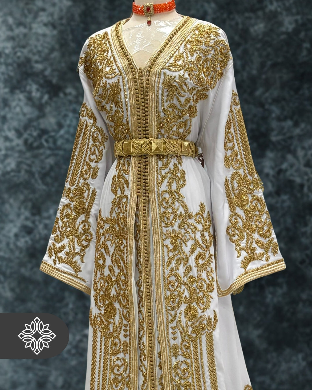 Royal Bridal White Moroccan Takchita | Luxury Two-Piece Kaftan | Golden Hand Embroidery