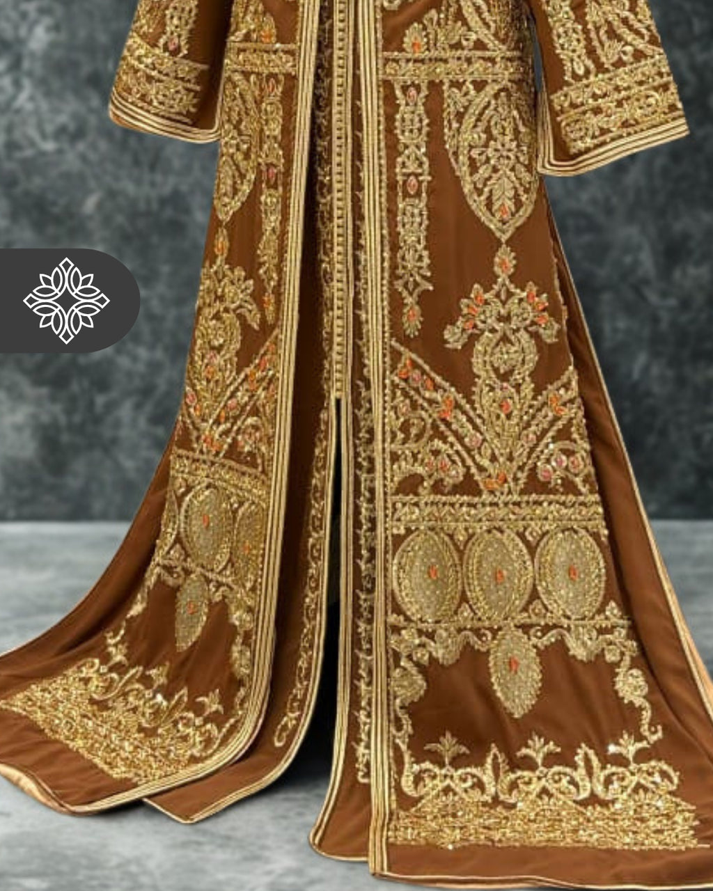 Royal Brown Moroccan Takchita | Luxury Two-Piece Kaftan | Golden Heritage Embroidery & Stone Detailing