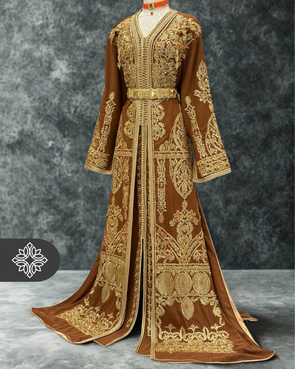 Royal Brown Moroccan Takchita | Luxury Two-Piece Kaftan | Golden Heritage Embroidery & Stone Detailing
