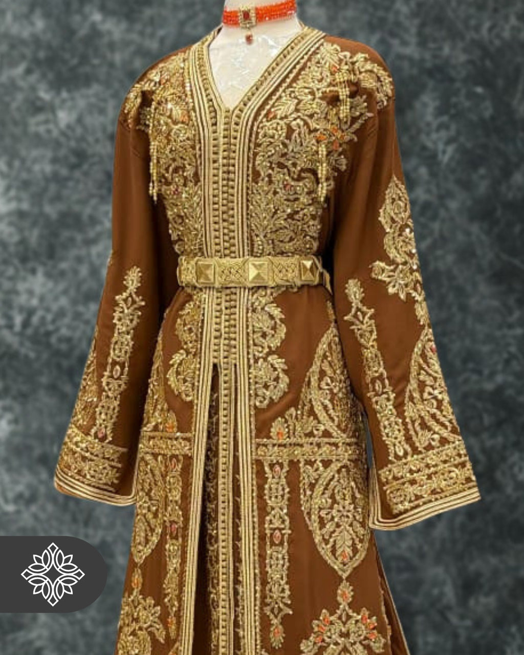Royal Brown Moroccan Takchita | Luxury Two-Piece Kaftan | Golden Heritage Embroidery & Stone Detailing