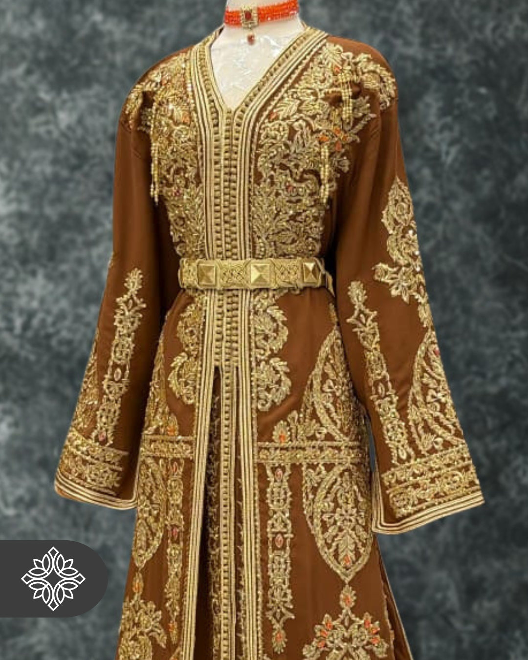 Royal Brown Moroccan Takchita | Luxury Two-Piece Kaftan | Golden Heritage Embroidery & Stone Detailing
