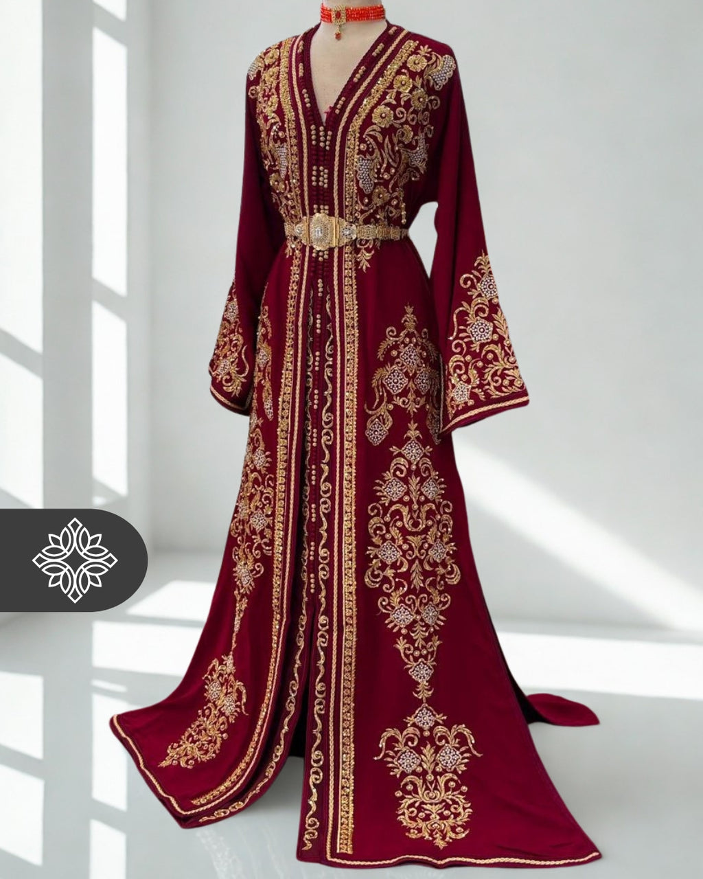 Royal Burgundy Moroccan Takchita | Luxury Two-Piece Kaftan | Golden Tonal Embroidery