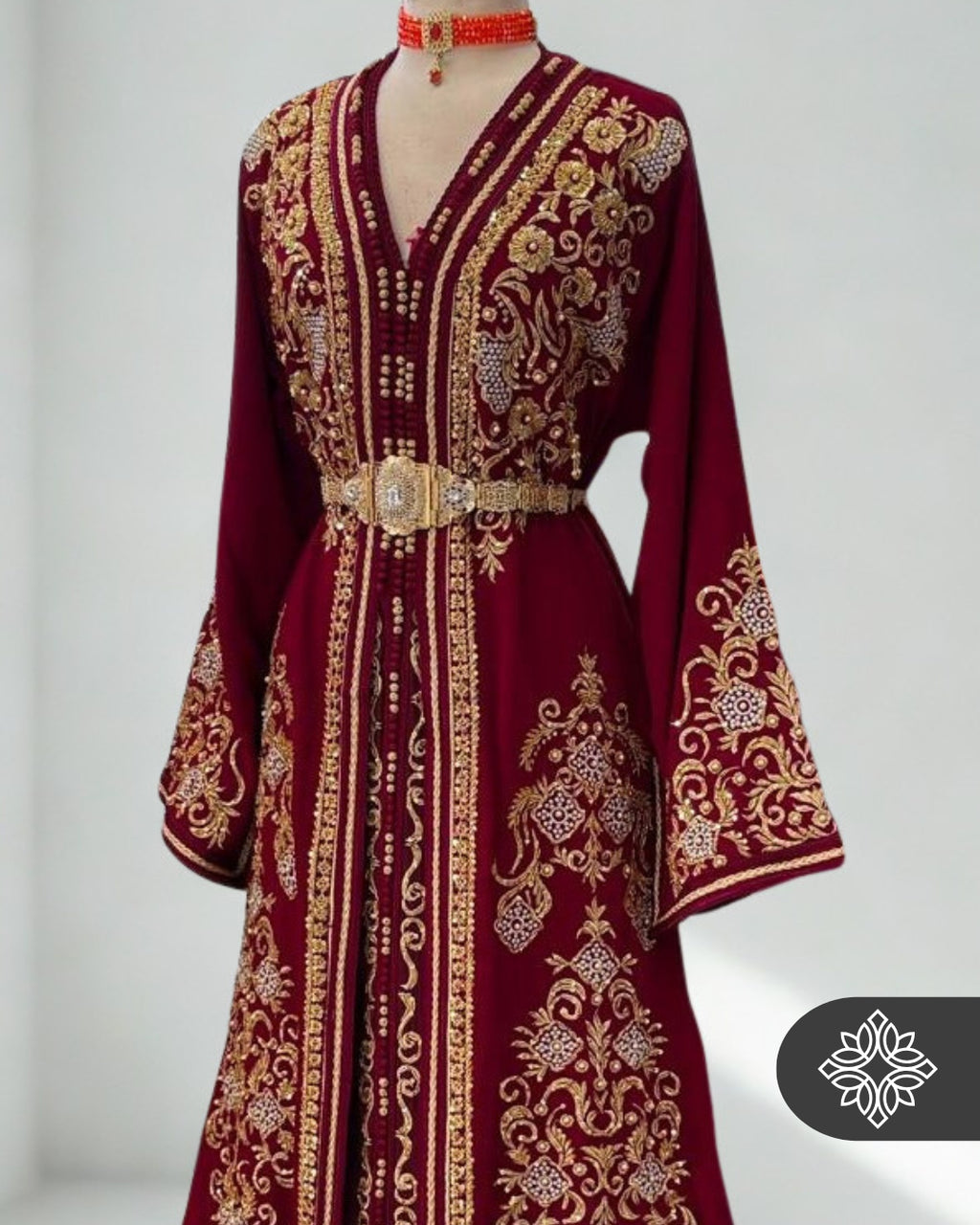 Royal Burgundy Moroccan Takchita | Luxury Two-Piece Kaftan | Golden Tonal Embroidery