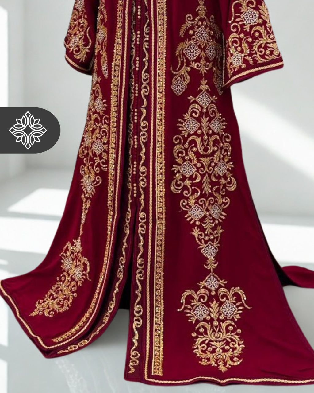 Royal Burgundy Moroccan Takchita | Luxury Two-Piece Kaftan | Golden Tonal Embroidery