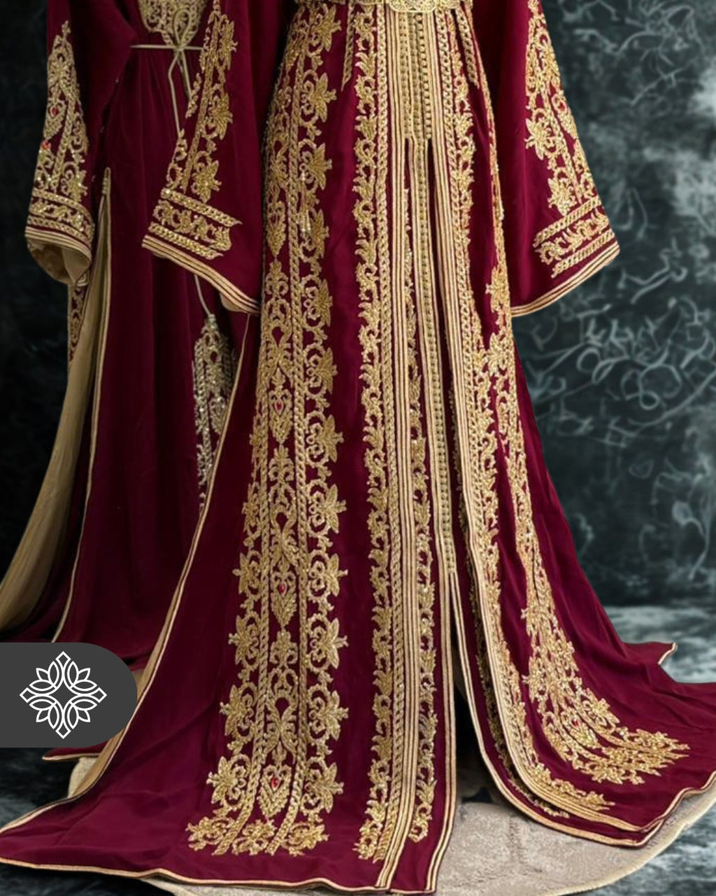 Royal Burgundy Moroccan Takchita | Luxury Two-Piece Kaftan | Golden Hand Embroidery with Stone Detailing