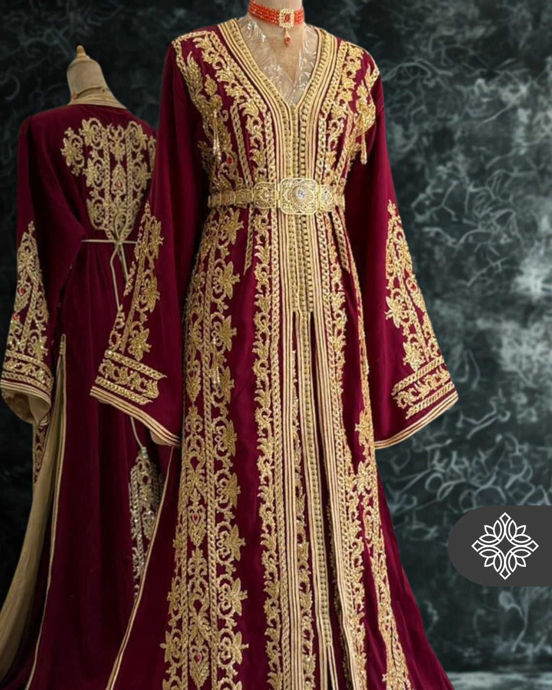 Royal Burgundy Moroccan Takchita | Luxury Two-Piece Kaftan | Golden Hand Embroidery with Stone Detailing