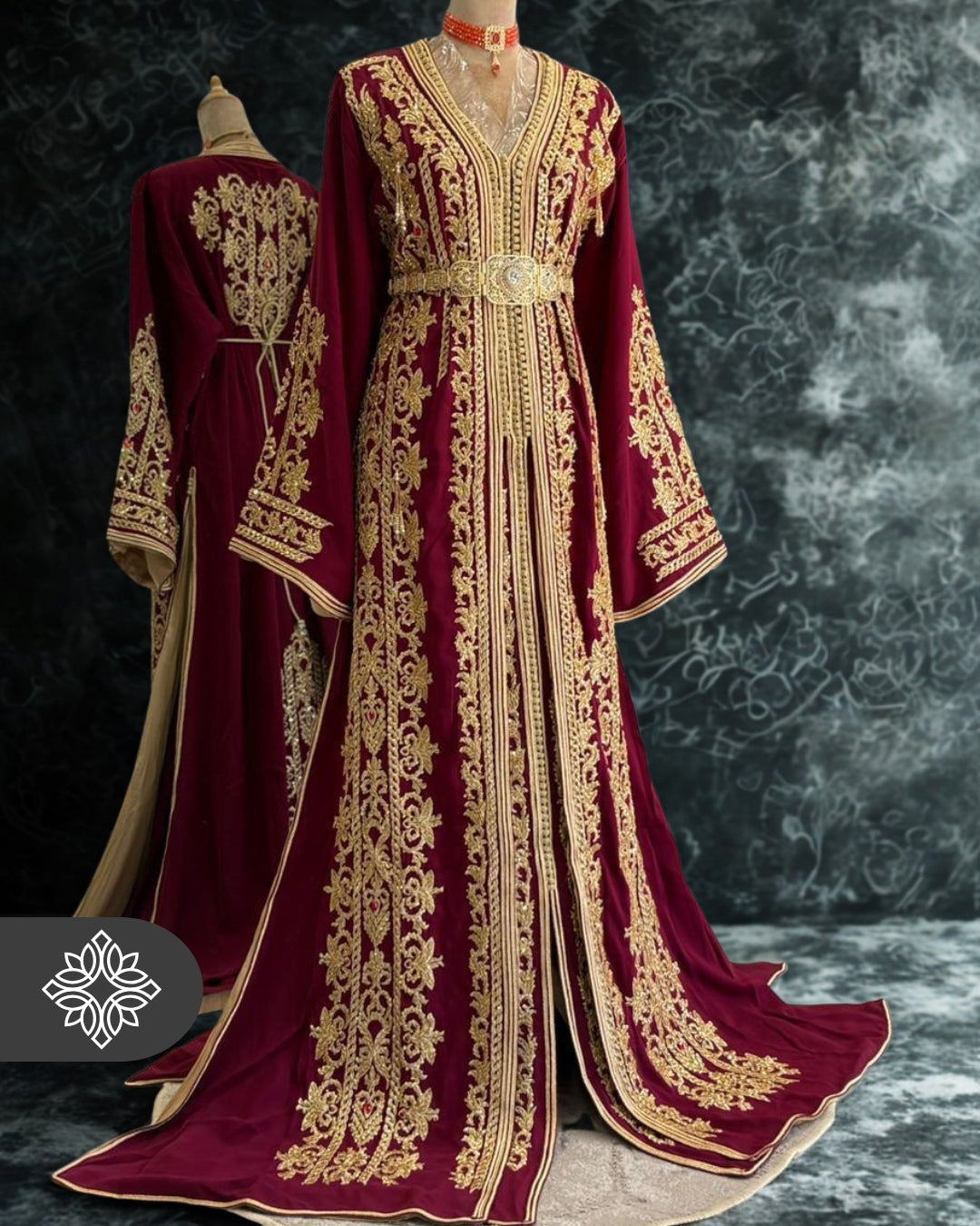 Royal Burgundy Moroccan Takchita | Luxury Two-Piece Kaftan | Golden Hand Embroidery with Stone Detailing
