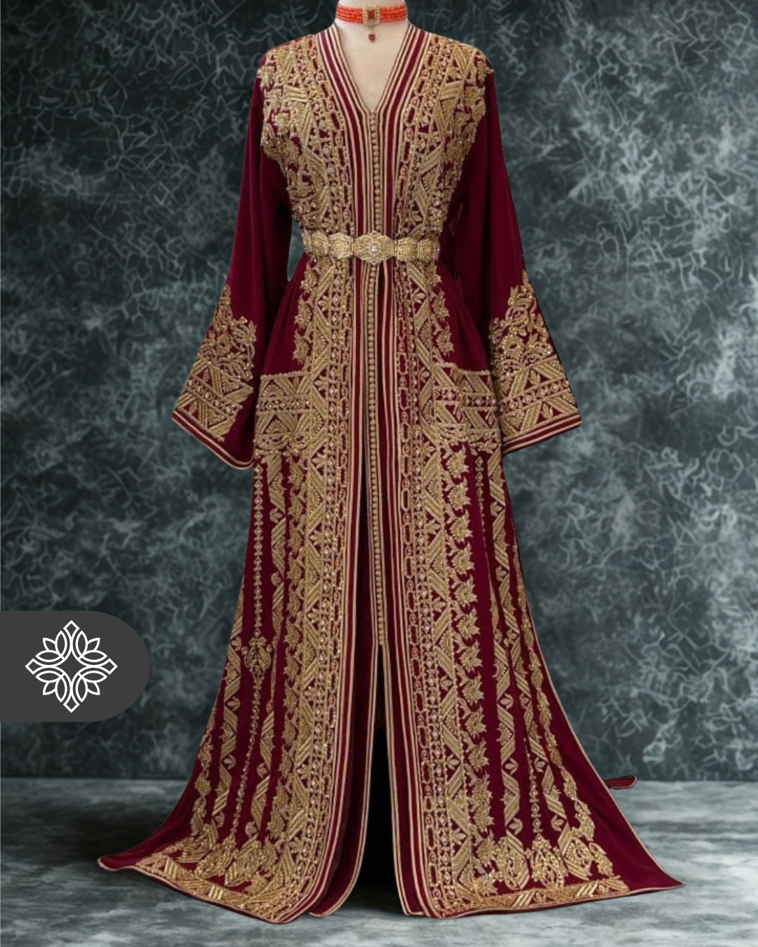 Royal Burgundy Moroccan Takchita | Luxury Two-Piece Kaftan | Golden Heritage Embroidery