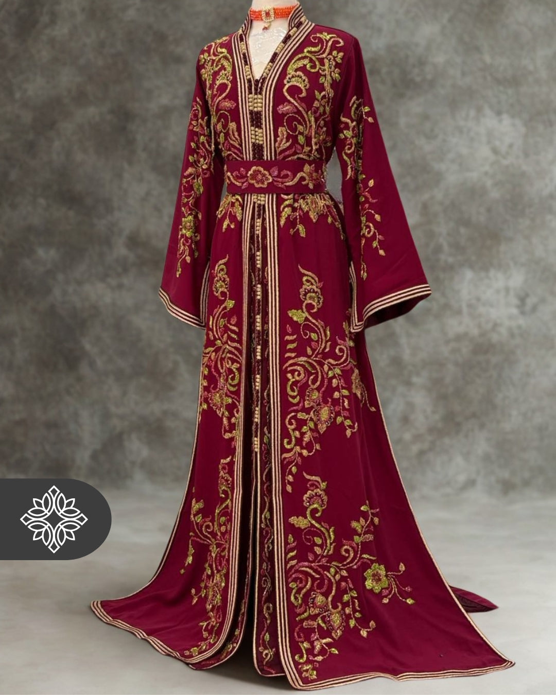 Royal Burgundy Moroccan Takchita | Luxury Two-Piece Kaftan | Tonal Floral Embroidery