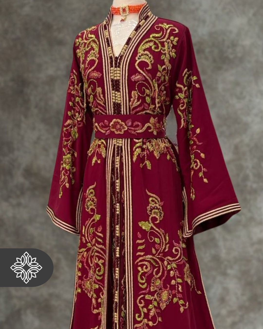 Royal Burgundy Moroccan Takchita | Luxury Two-Piece Kaftan | Tonal Floral Embroidery