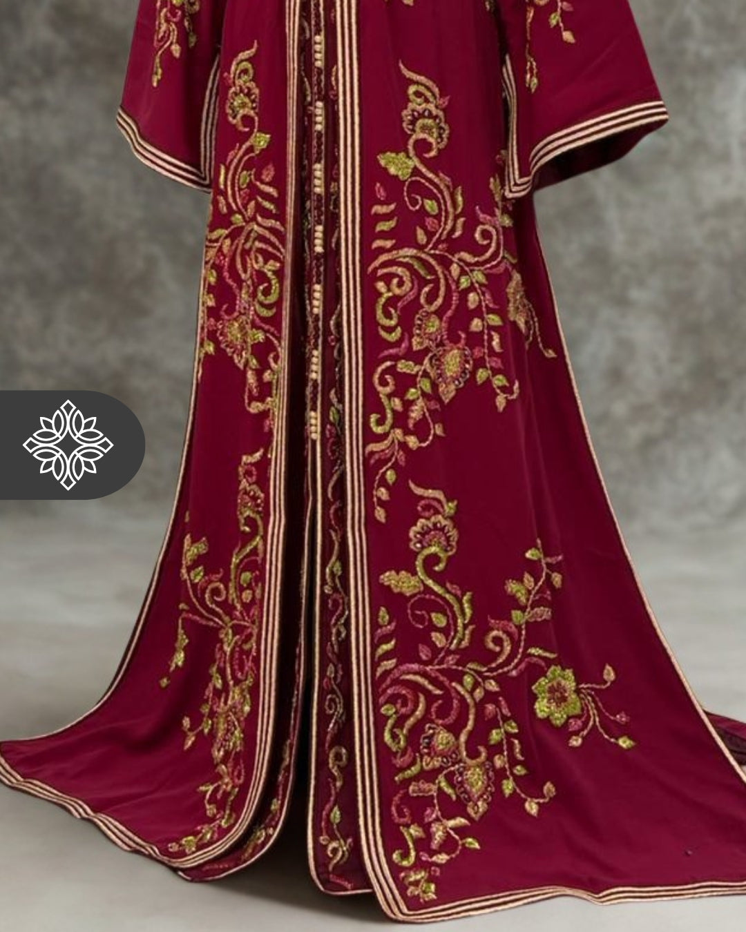 Royal Burgundy Moroccan Takchita | Luxury Two-Piece Kaftan | Tonal Floral Embroidery