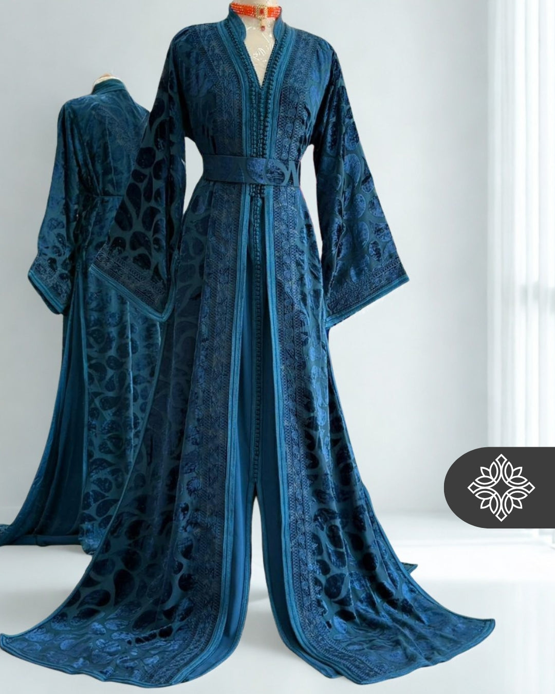 Royal Deep Blue Moroccan Takchita | Luxury Two-Piece Kaftan | Moroccan Tonal Embroidery
