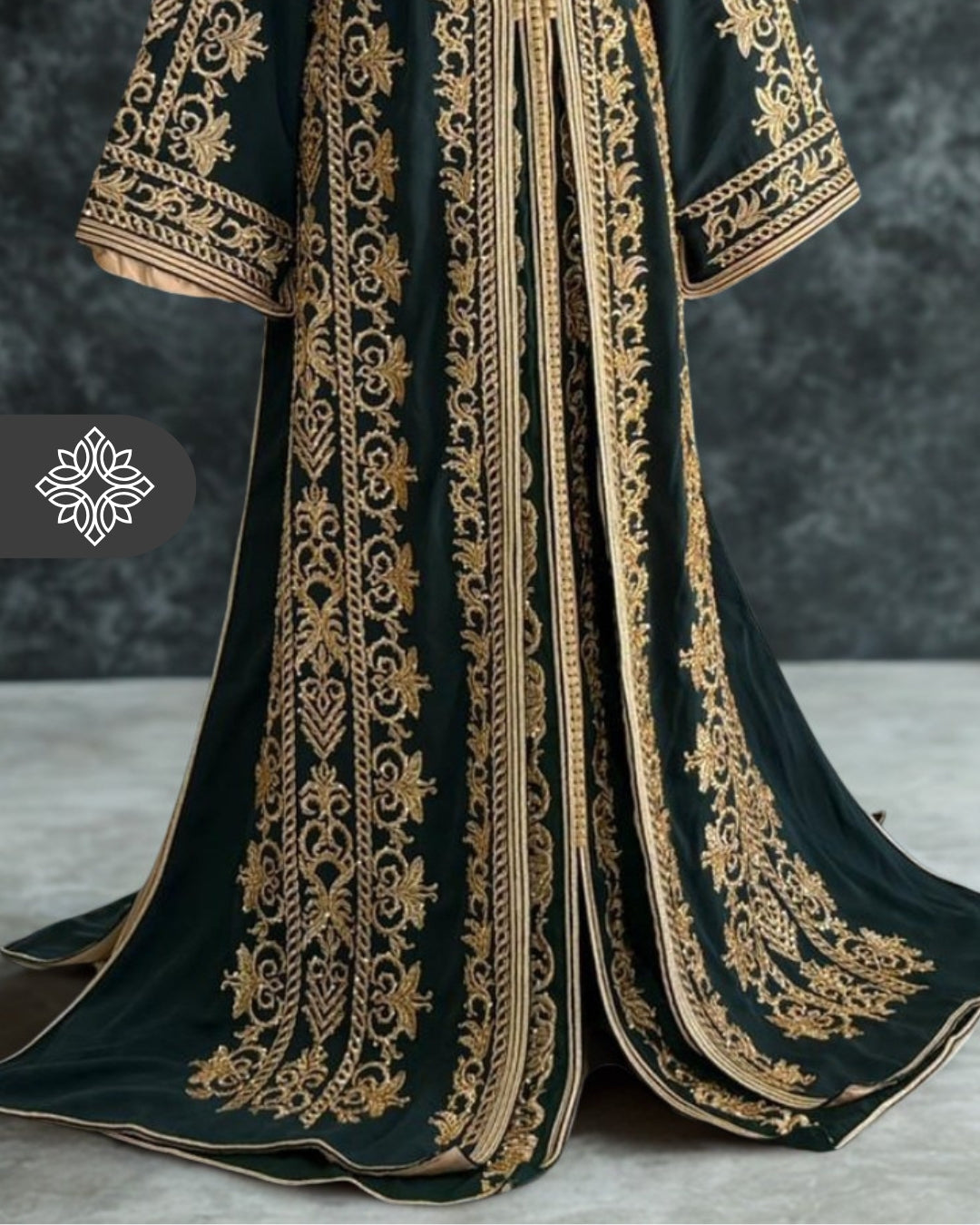 Royal Emerald Green Moroccan Takchita | Luxury Two-Piece Kaftan | Golden Hand Embroidery