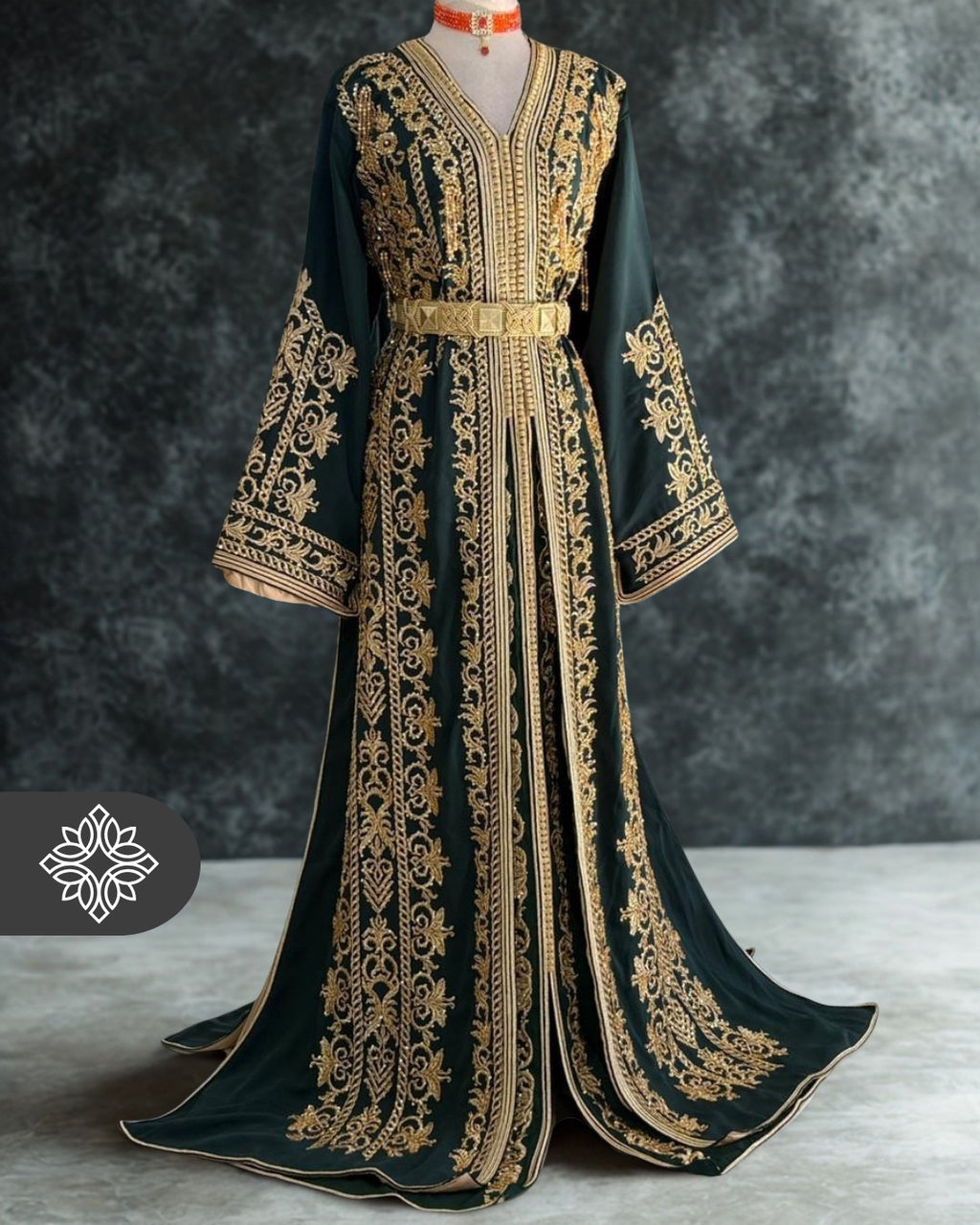 Royal Emerald Green Moroccan Takchita | Luxury Two-Piece Kaftan | Golden Hand Embroidery