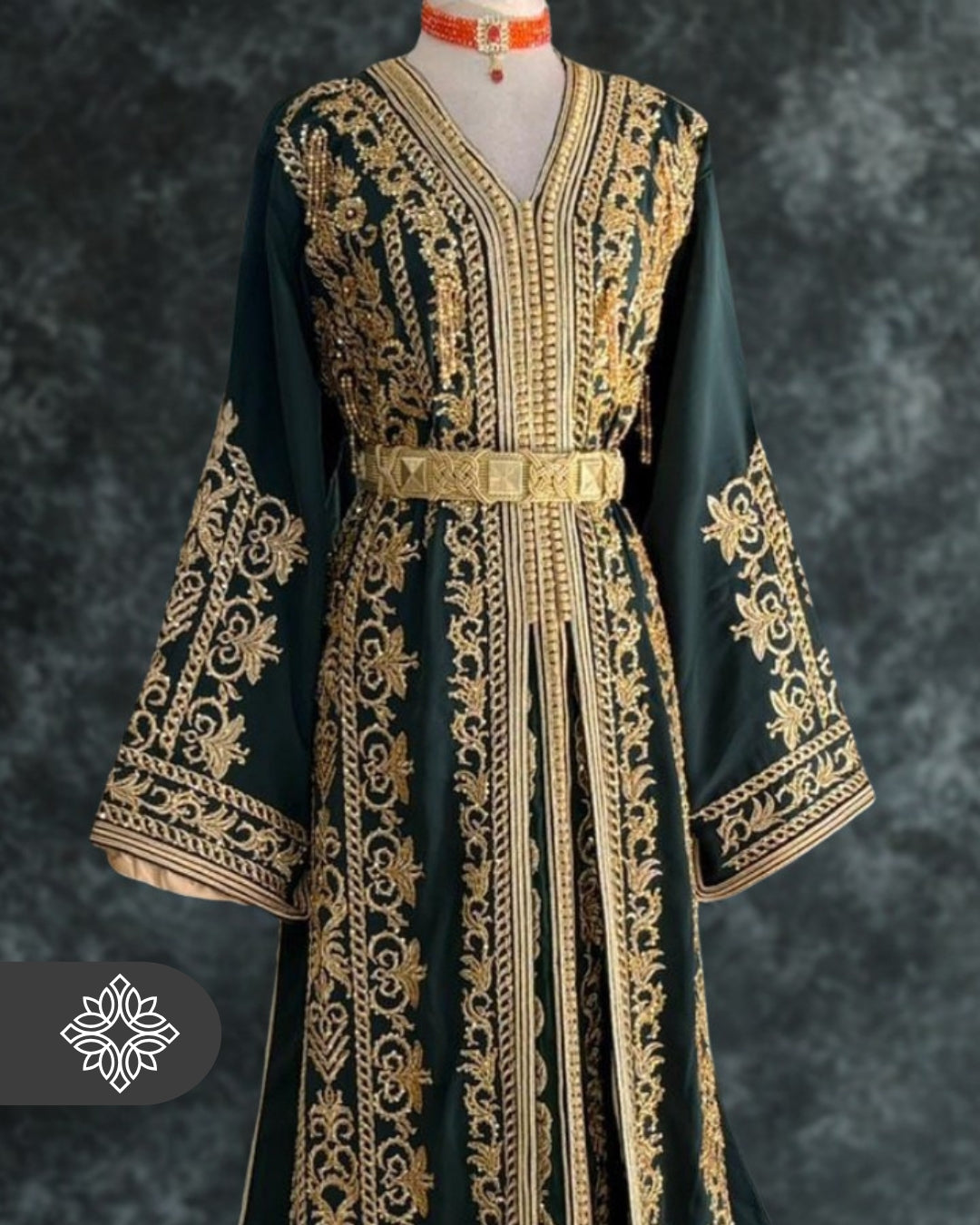 Royal Emerald Green Moroccan Takchita | Luxury Two-Piece Kaftan | Golden Hand Embroidery