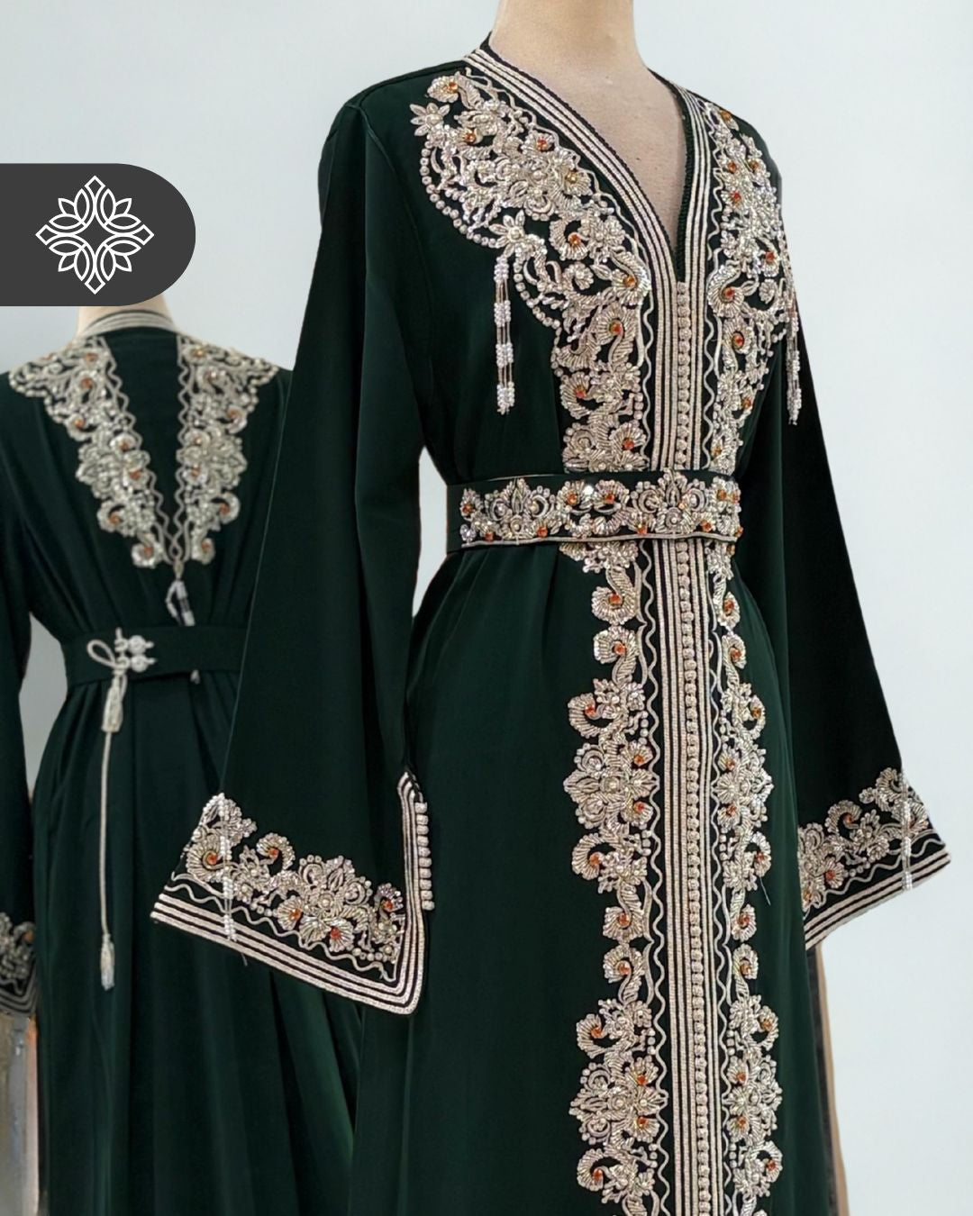 Royal Emerald Green One-Piece Kaftan | Silver Embroidery & Beads | Moroccan Caftan