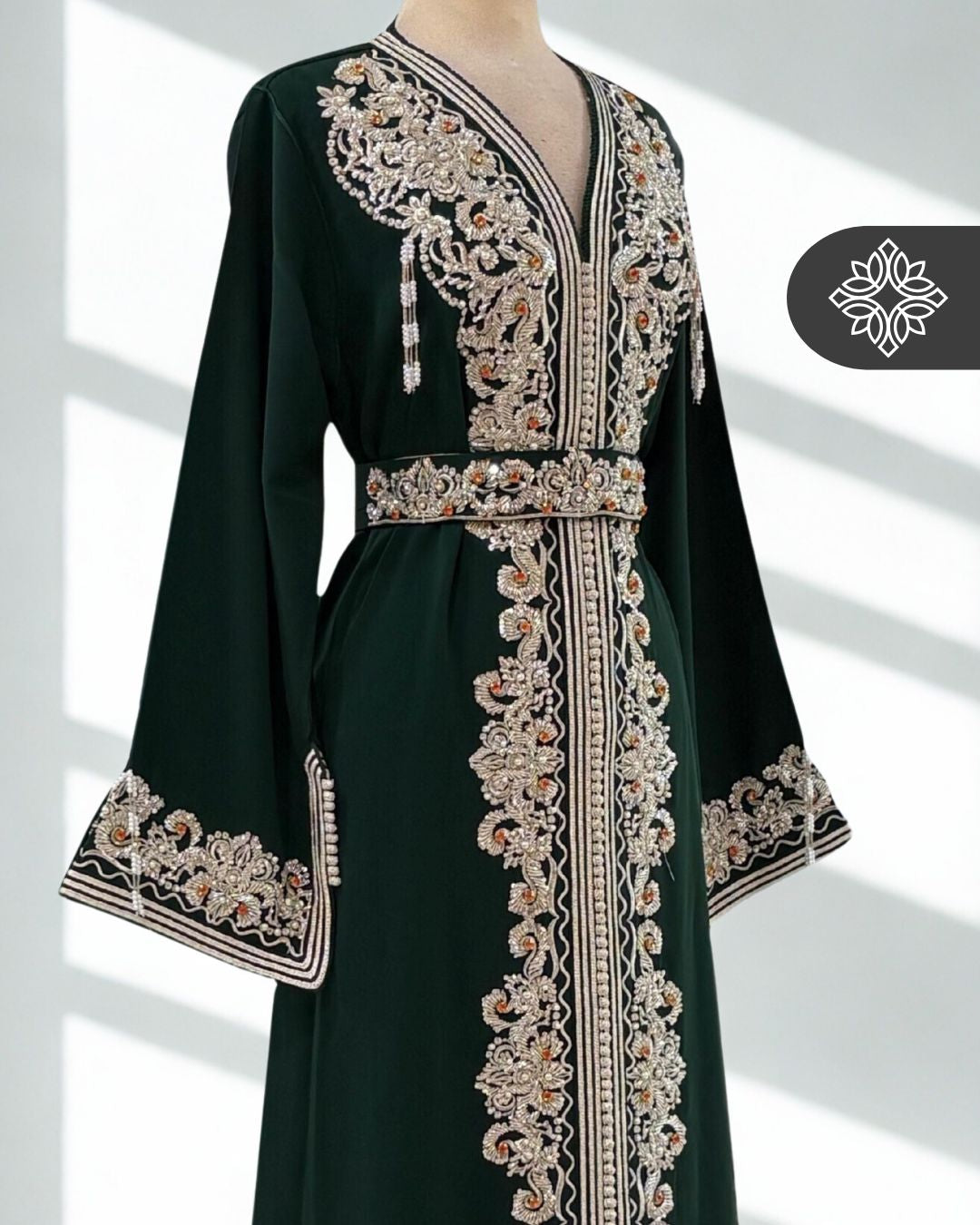 Royal Emerald Green One-Piece Kaftan | Silver Embroidery & Beads | Moroccan Caftan