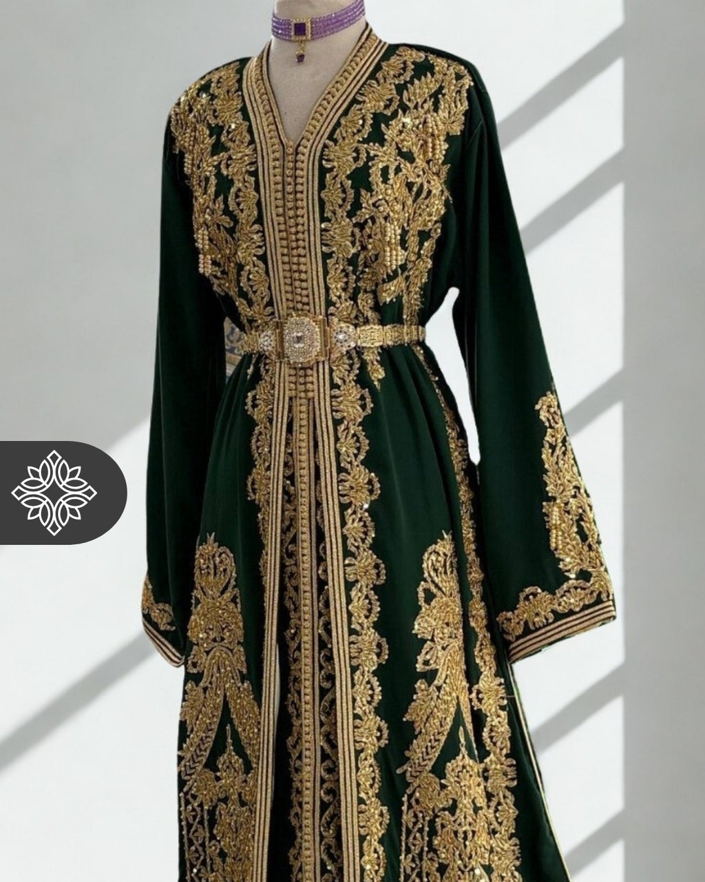 Royal Emerald Moroccan Two-Piece Kaftan | Golden Embroidery Luxury Takchita