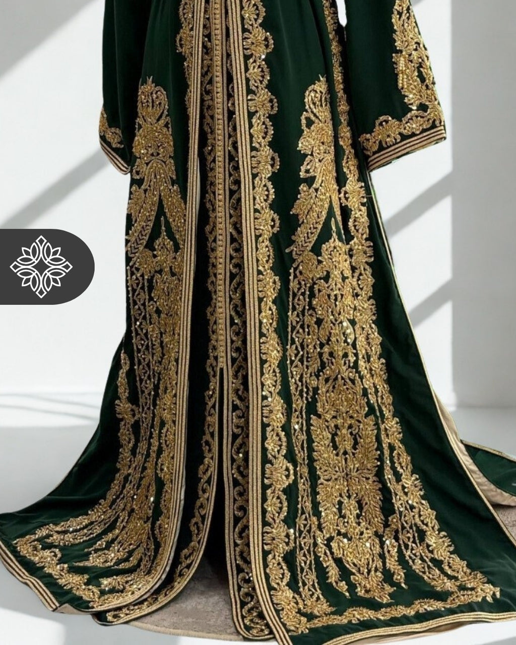 Royal Emerald Moroccan Two-Piece Kaftan | Golden Embroidery Luxury Takchita