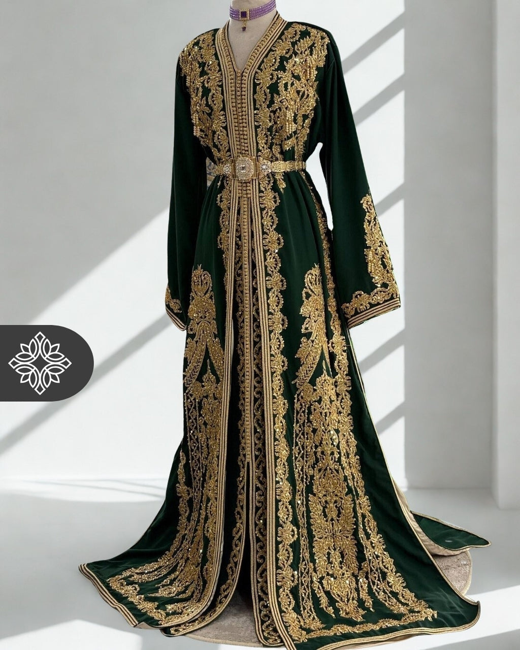 Royal Emerald Moroccan Two-Piece Kaftan | Golden Embroidery Luxury Takchita