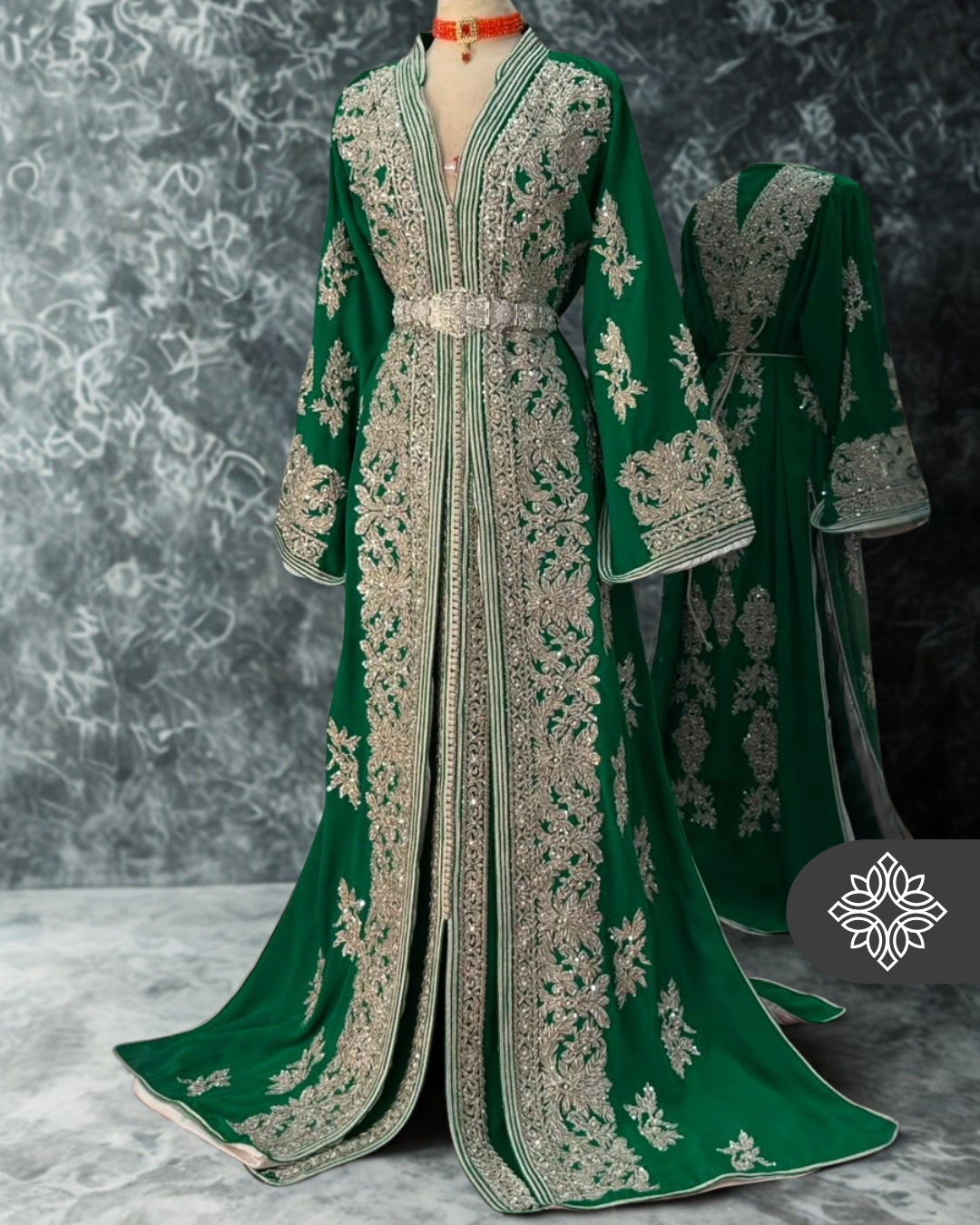 Royal Green Moroccan Takchita | Luxury Two-Piece Kaftan | Silver Heritage Embroidery