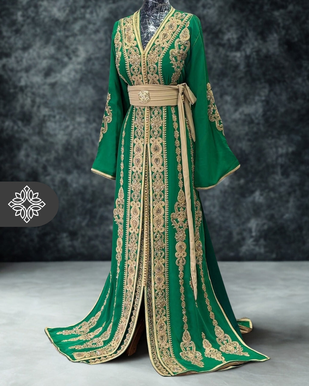 Royal Green Moroccan Two-Piece Kaftan | Tonal Embroidery | Luxury Takchita
