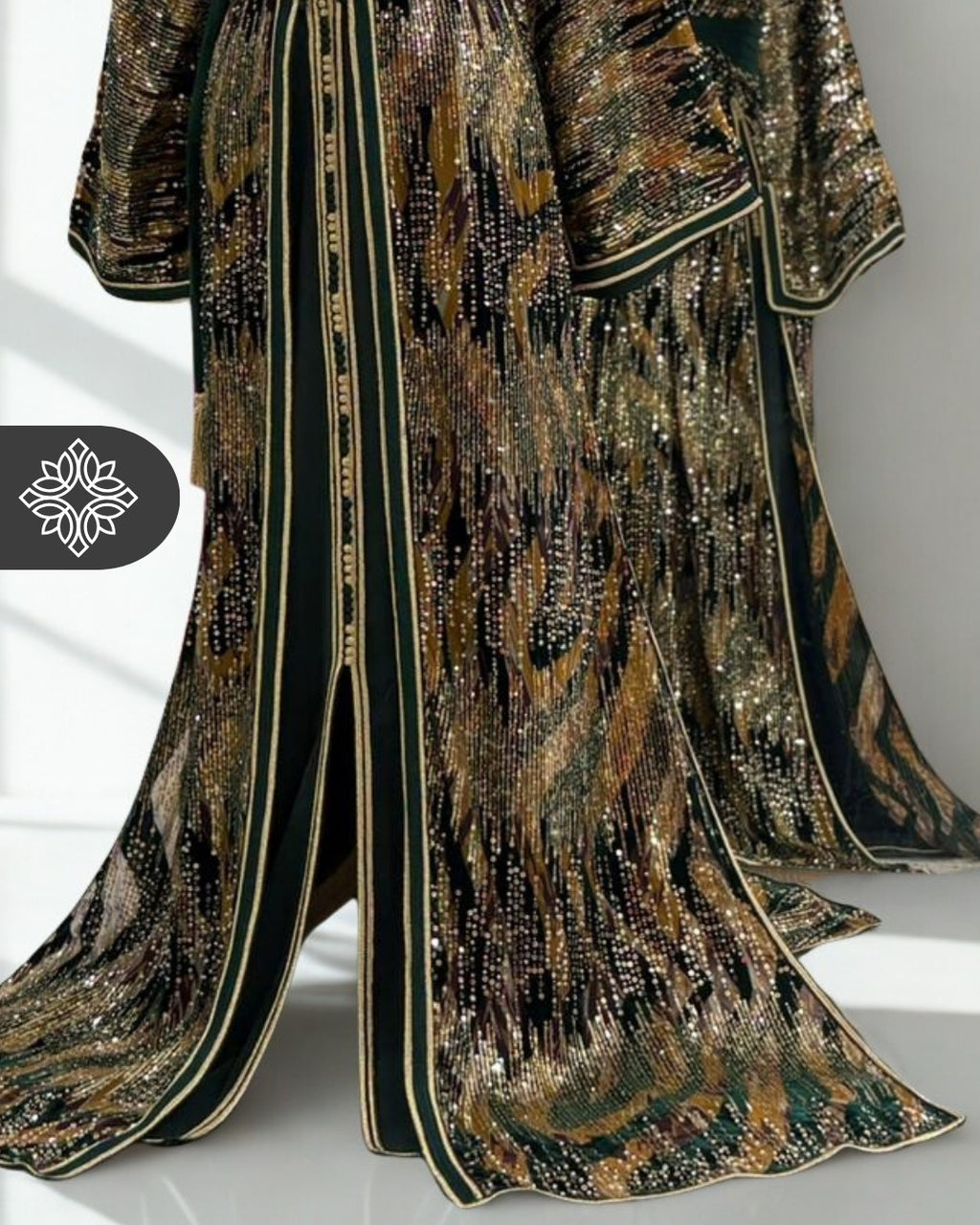 Two-Piece Moroccan Kaftan Green & Sand | Sequin Embroidery | Luxury Takchita