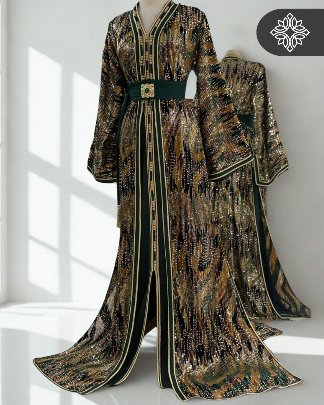 Caftan marocain deux pièces noir et or | Broderie de sequins | Takchita de luxe