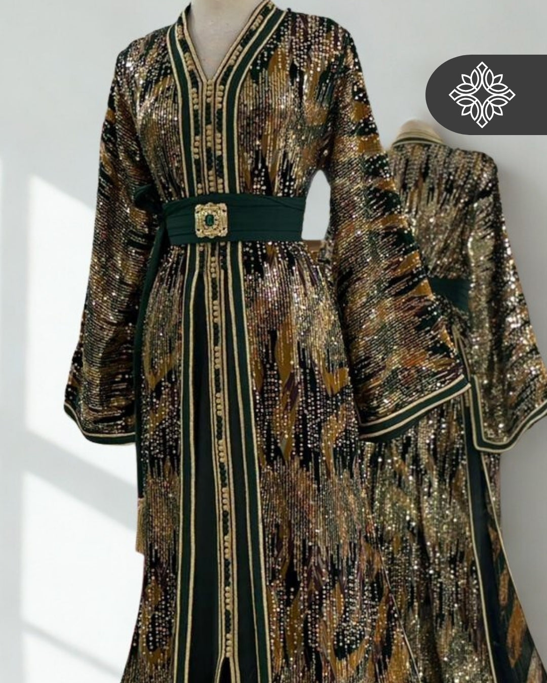 Two-Piece Moroccan Kaftan Green & Sand | Sequin Embroidery | Luxury Takchita