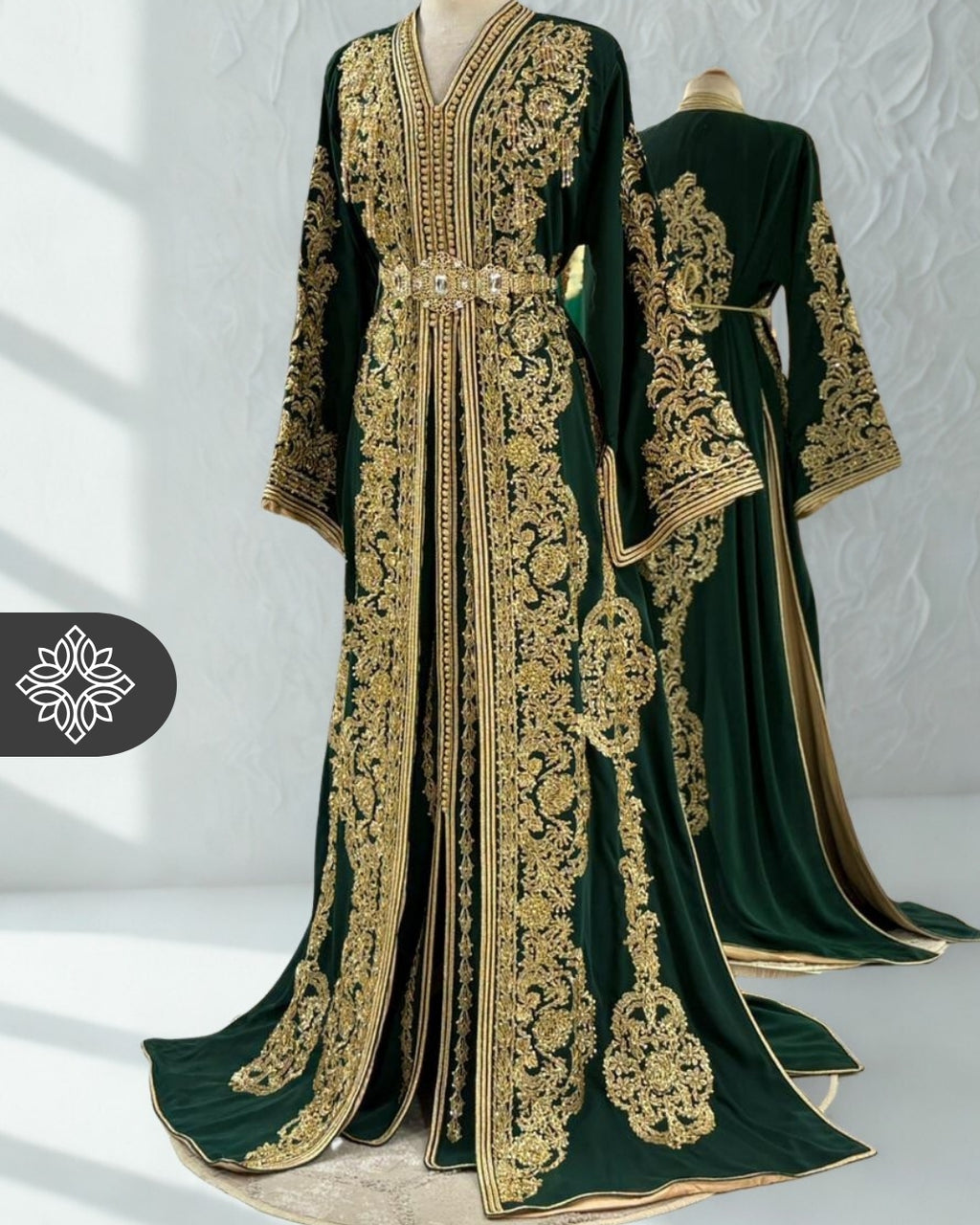 Takchita vert royal | Broderie dorée luxueuse à la main | Robe de mariée marocaine deux pièces type caftan
