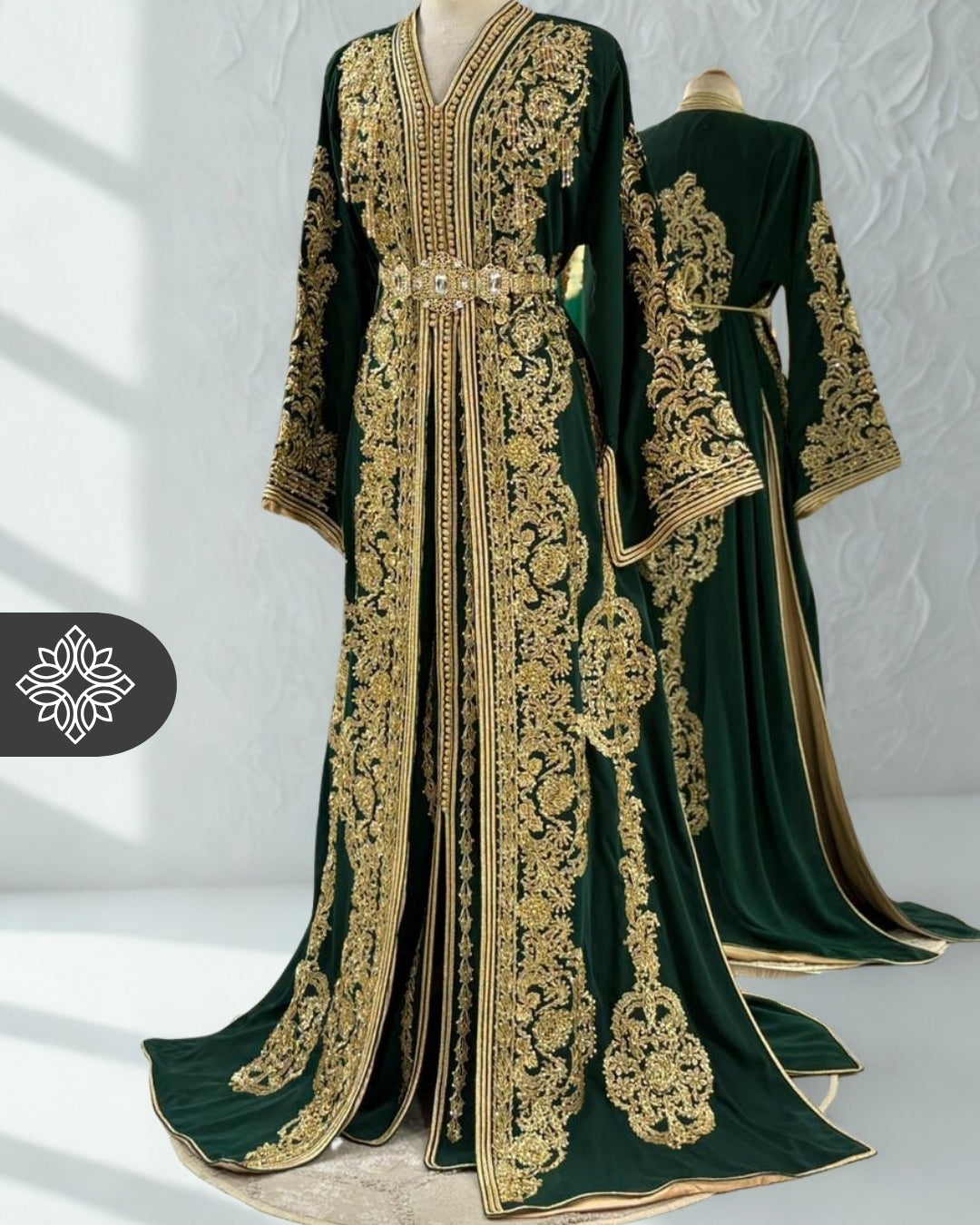 Takchita vert royal | Broderie dorée luxueuse à la main | Robe de mariée marocaine deux pièces type caftan