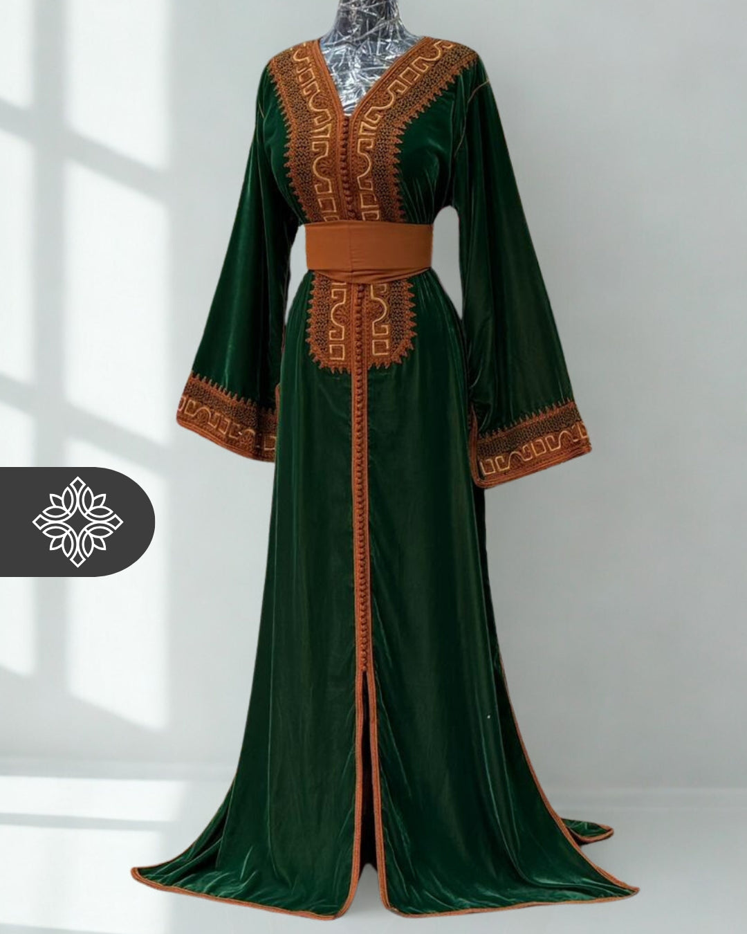 Royal Green Velvet Moroccan Kaftan | Brown & Gold Embroidery