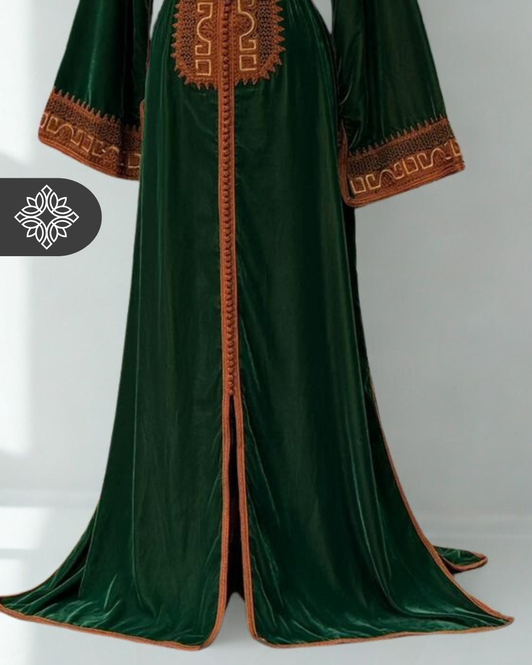 mira green velvet floral embroidered kaftan dress Mira Sage Green Floral Embroidered Kaftan Dress