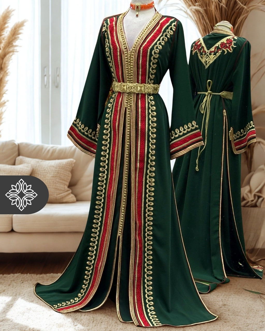 Royal Green & Red Two Piece Kaftan Takchita with Gold Embroidery