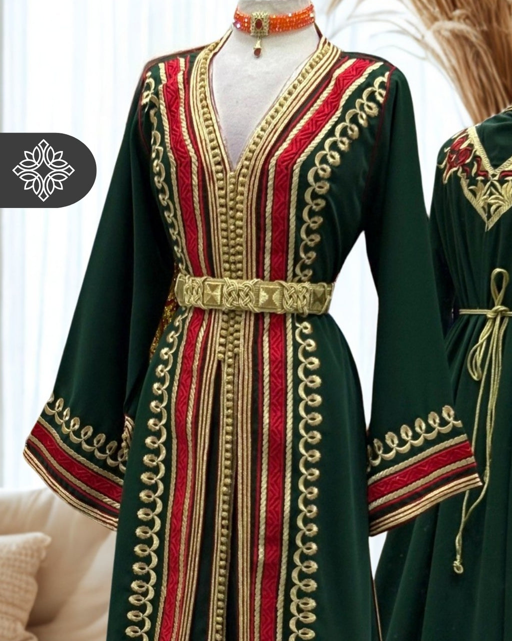 Royal Green & Red Two Piece Kaftan Takchita with Gold Embroidery