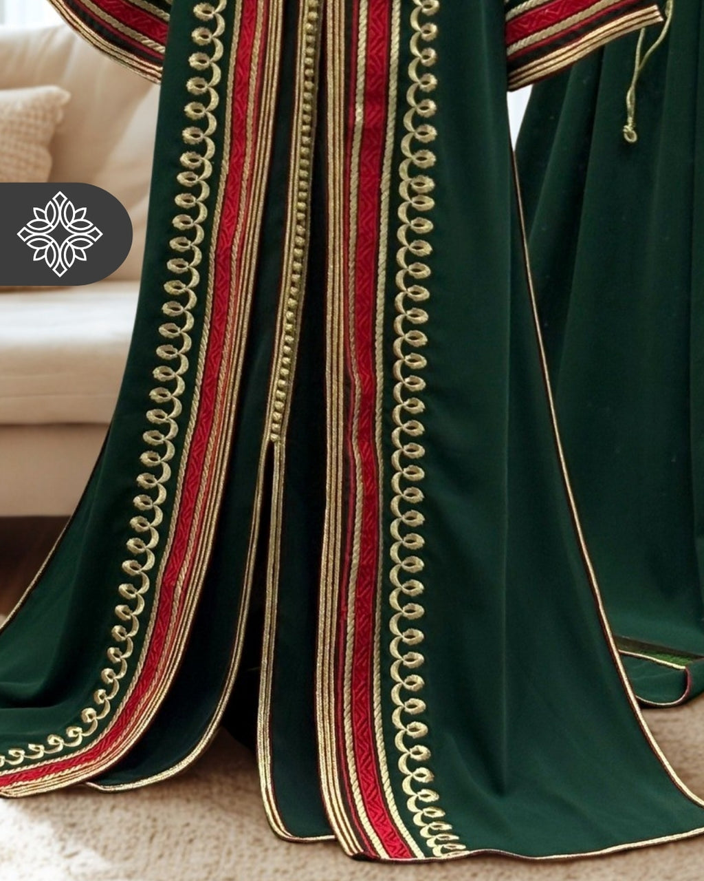 Royal Green & Red Two Piece Kaftan Takchita with Gold Embroidery
