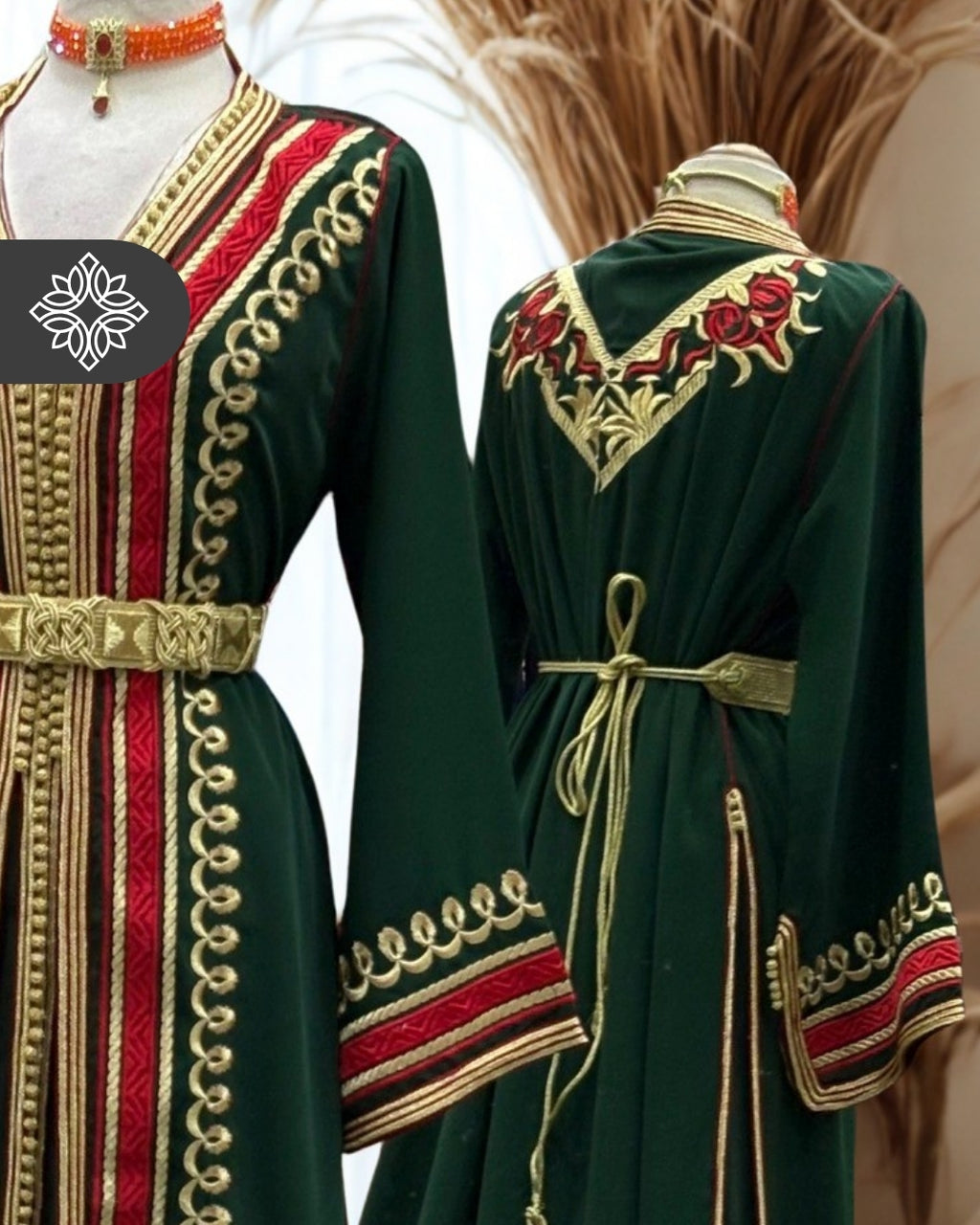 Royal Green & Red Two Piece Kaftan Takchita with Gold Embroidery