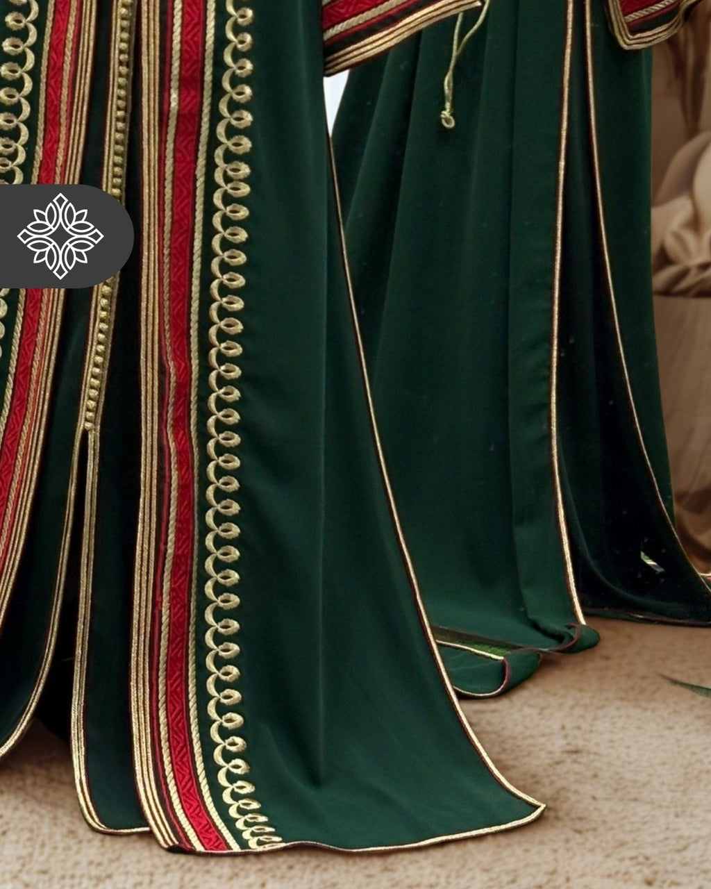 Royal Green & Red Two Piece Kaftan Takchita with Gold Embroidery