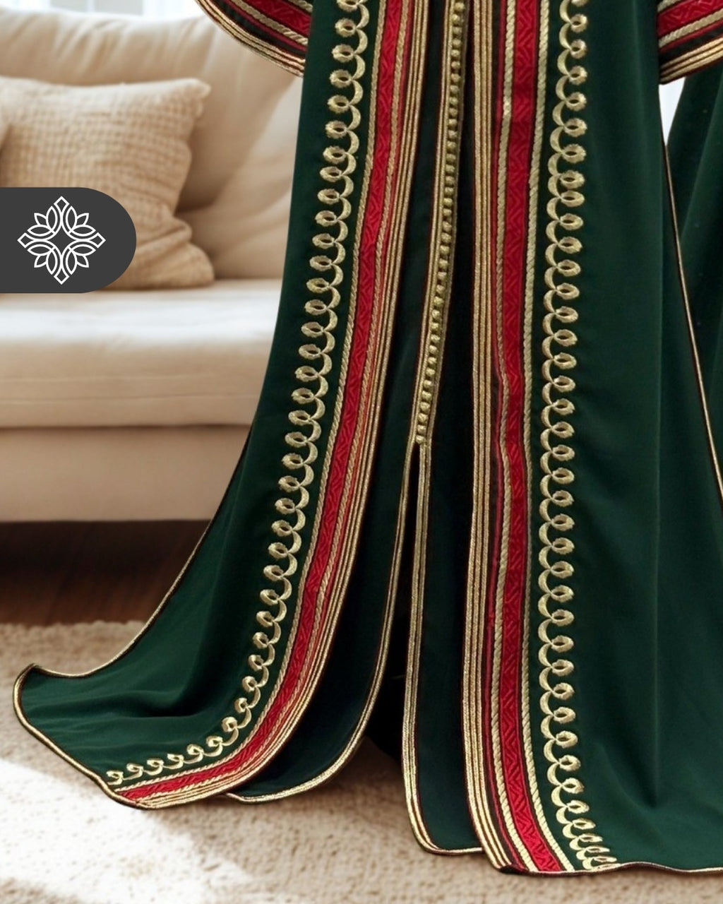 Royal Green & Red Two Piece Kaftan Takchita with Gold Embroidery