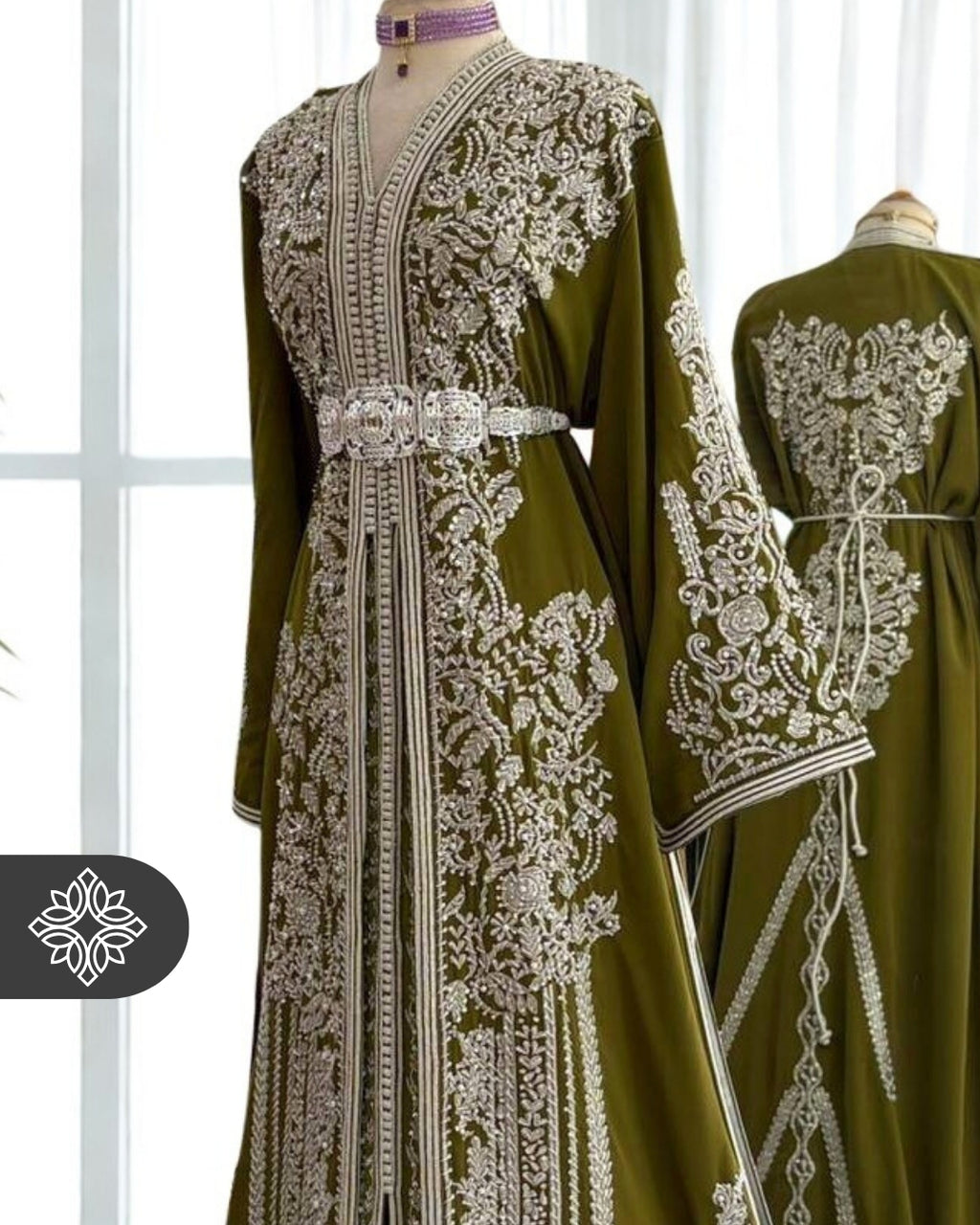 Royal Olive Green Moroccan Two-Piece Kaftan | Silver Tonal Embroidery | Luxury Takchita