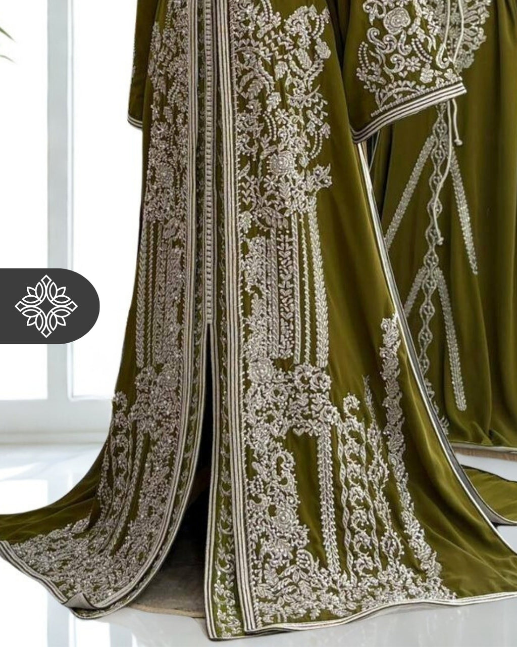 Royal Olive Green Moroccan Two-Piece Kaftan | Silver Tonal Embroidery | Luxury Takchita