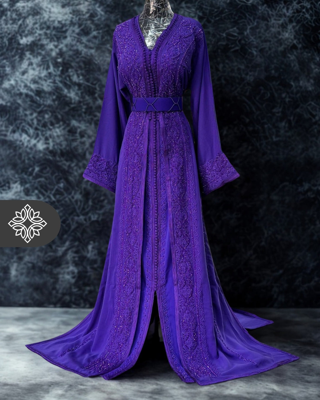 Royal Black Moroccan Takchita | Luxury Couture Two-Piece Kaftan | Tonal Embroidery & Stone Detailing