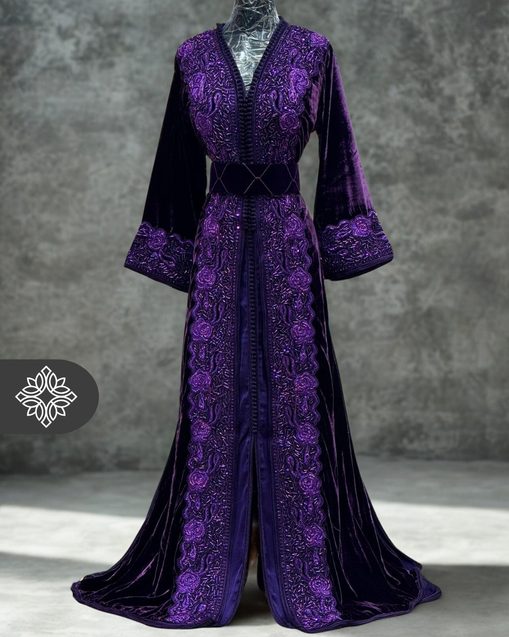 Royal Purple Moroccan Takchita | Luxury Couture Two-Piece Kaftan | Tonal Embroidery & Stone Detailing