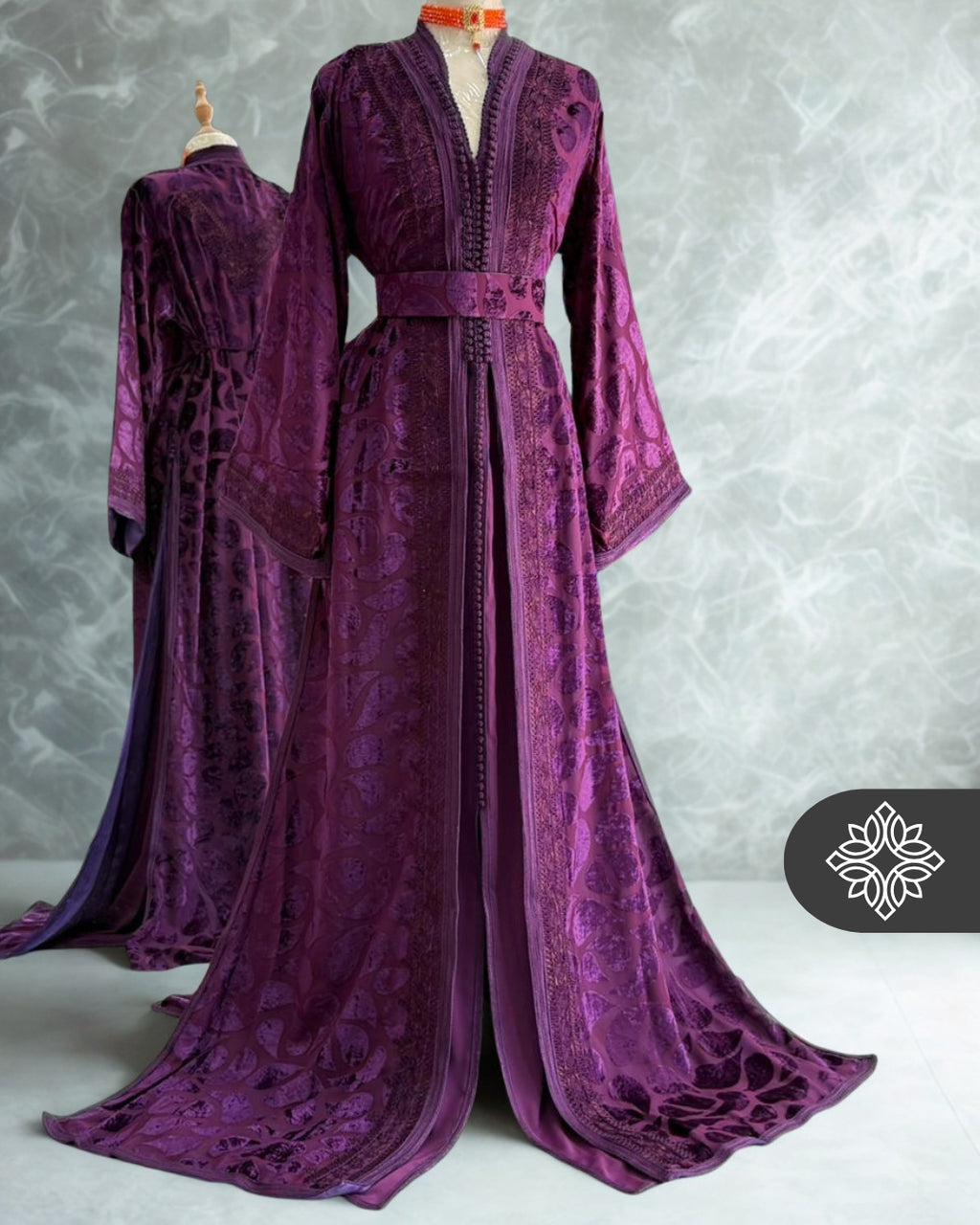 Royal Purple Moroccan Takchita | Luxury Two-Piece Kaftan | Tonal Embroidery Iced Velvet